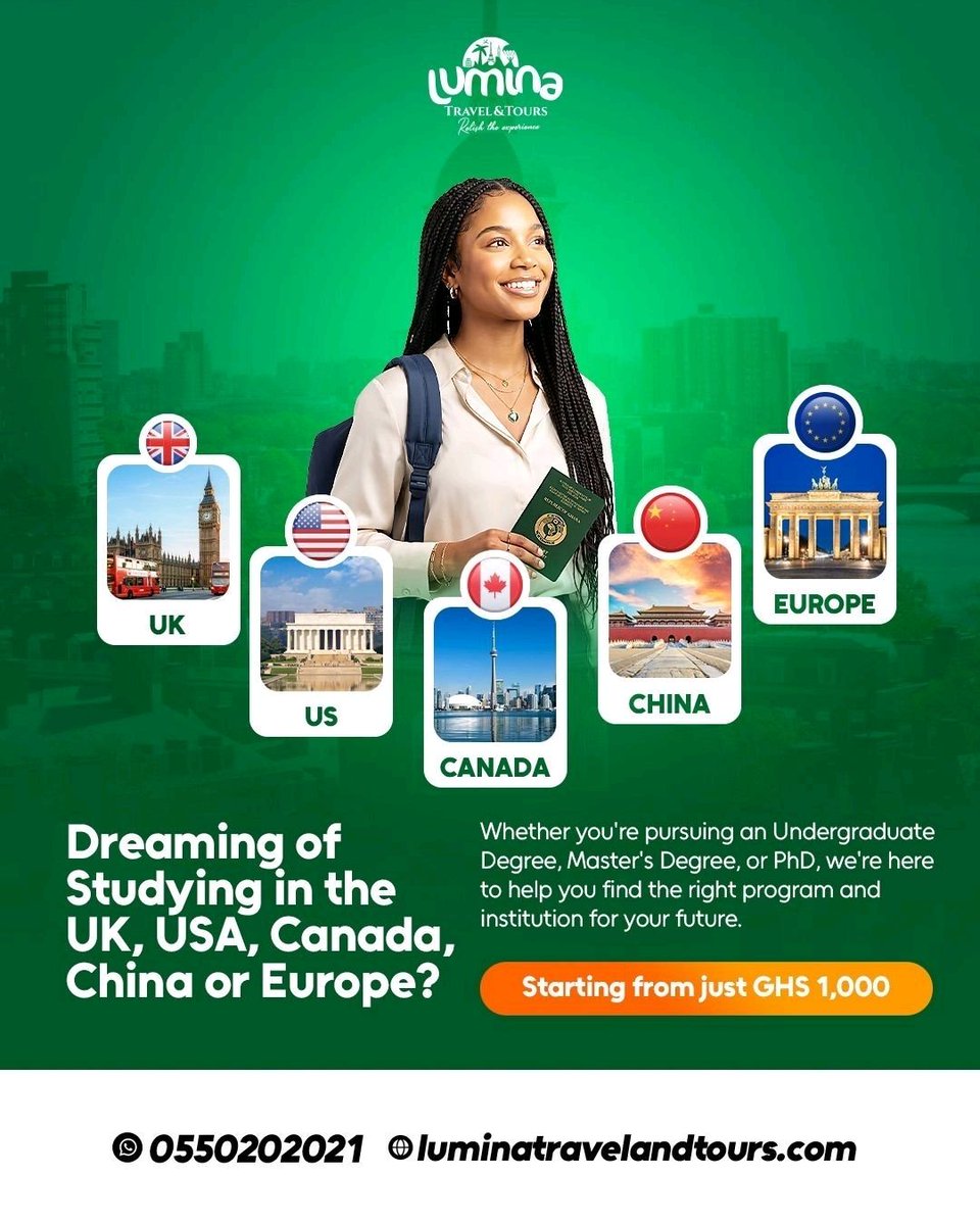 maiconvw's tweet photo. Are you ready to study abroad? Whether you’re pursuing an Undergraduate, Master’s or PhD, Lumina Travel &amp; Tours can help you find the right programme, institution and scholarship opportunities in the UK, USA, Canada, China or Europe. Your https://t.co/hPL956hn1N
