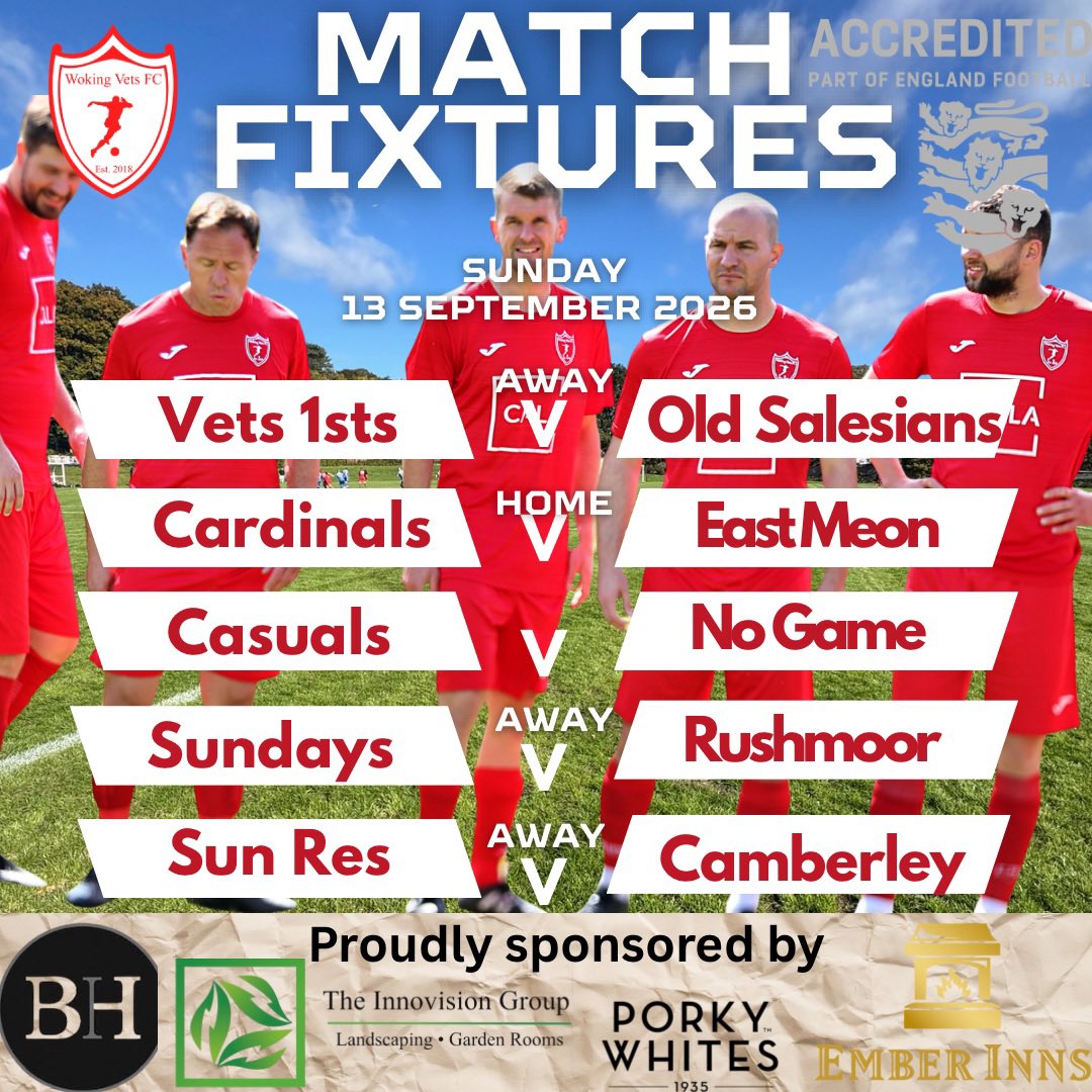 WokingVetsFC's tweet photo. Today’s fixtures 

4 out of the 5 teams in action with just the 1 home game. 

Any support would be welcome. 

All 10.30 KO’s

⚽️⚽️⚽️⚽️👍 https://t.co/cqJNaTgzSy