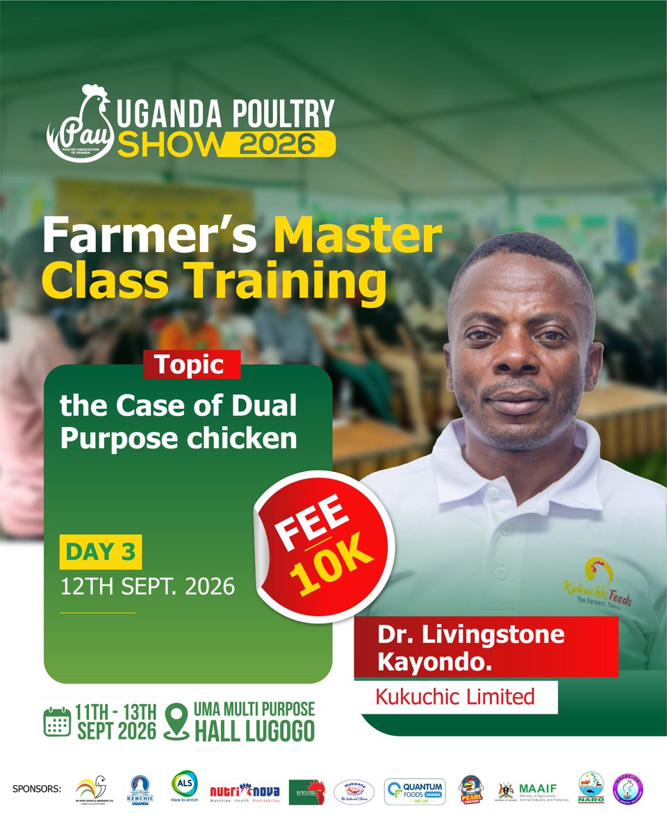 PAU_PoultryUG's tweet photo. We are wrapping up the show with a lineup of facilitators ready to take you through our Farmers’ Master Classes.

Come ready to learn practical ways to manage your poultry farm, improve productivity, and grow your business.

UMA Multipurpose Hall, Lugogo
Fee: UGX 10,000 https://t.co/NTh90kk87E