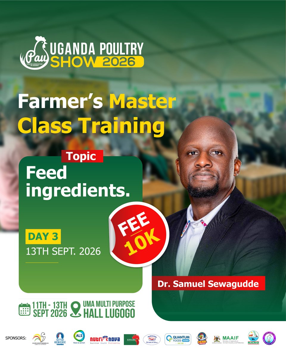 PAU_PoultryUG's tweet photo. We are wrapping up the show with a lineup of facilitators ready to take you through our Farmers’ Master Classes.

Come ready to learn practical ways to manage your poultry farm, improve productivity, and grow your business.

UMA Multipurpose Hall, Lugogo
Fee: UGX 10,000 https://t.co/NTh90kk87E