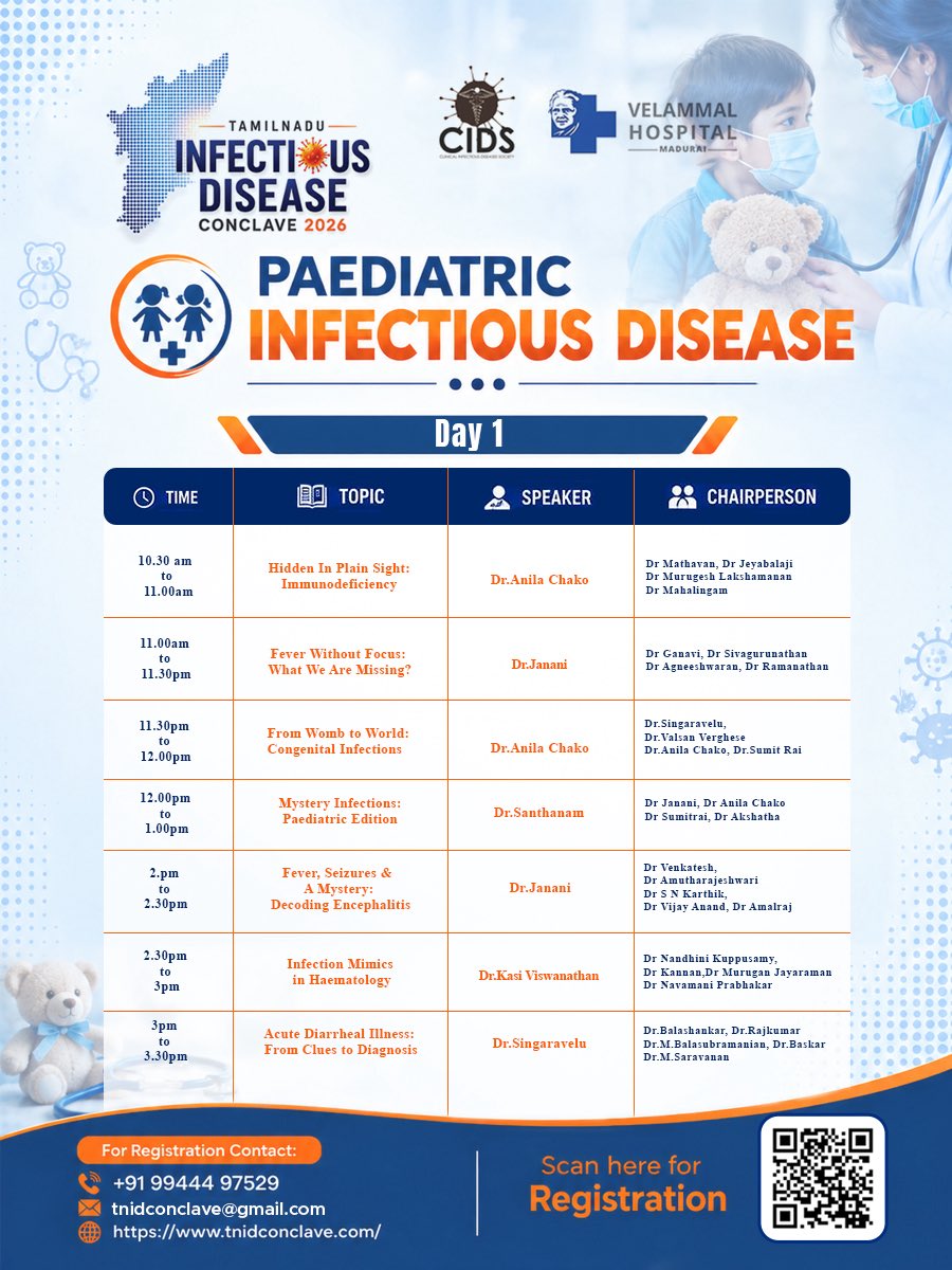 santhanam07's tweet photo. 👶🦠 PAEDIATRIC ID | TNIDC 2026

Beyond fever &amp; infection — Think. Diagnose. Treat Precisely.

📅 19–20 Sep 2026
📍 GRT Grand, Madurai | 💻 Hybrid
🌐 https://t.co/kDKbqc19wN
📞 +91 99444 97529

@CidsIndia @isccmnational #cidscon #Microcon #isccmcriticlcare #criticon #IAMM #AIIMS https://t.co/BZB1Wel2kg