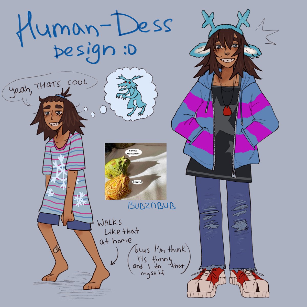 Bubznbub's tweet photo. Human-Dess design

I heard theory that Dess maybe human and looks kinda  like Frisk

Unironically, walking that way is comfortable. I always feel like mystical forest creature when i do that
#deltarune #Dess https://t.co/qsBz4lX2Cr