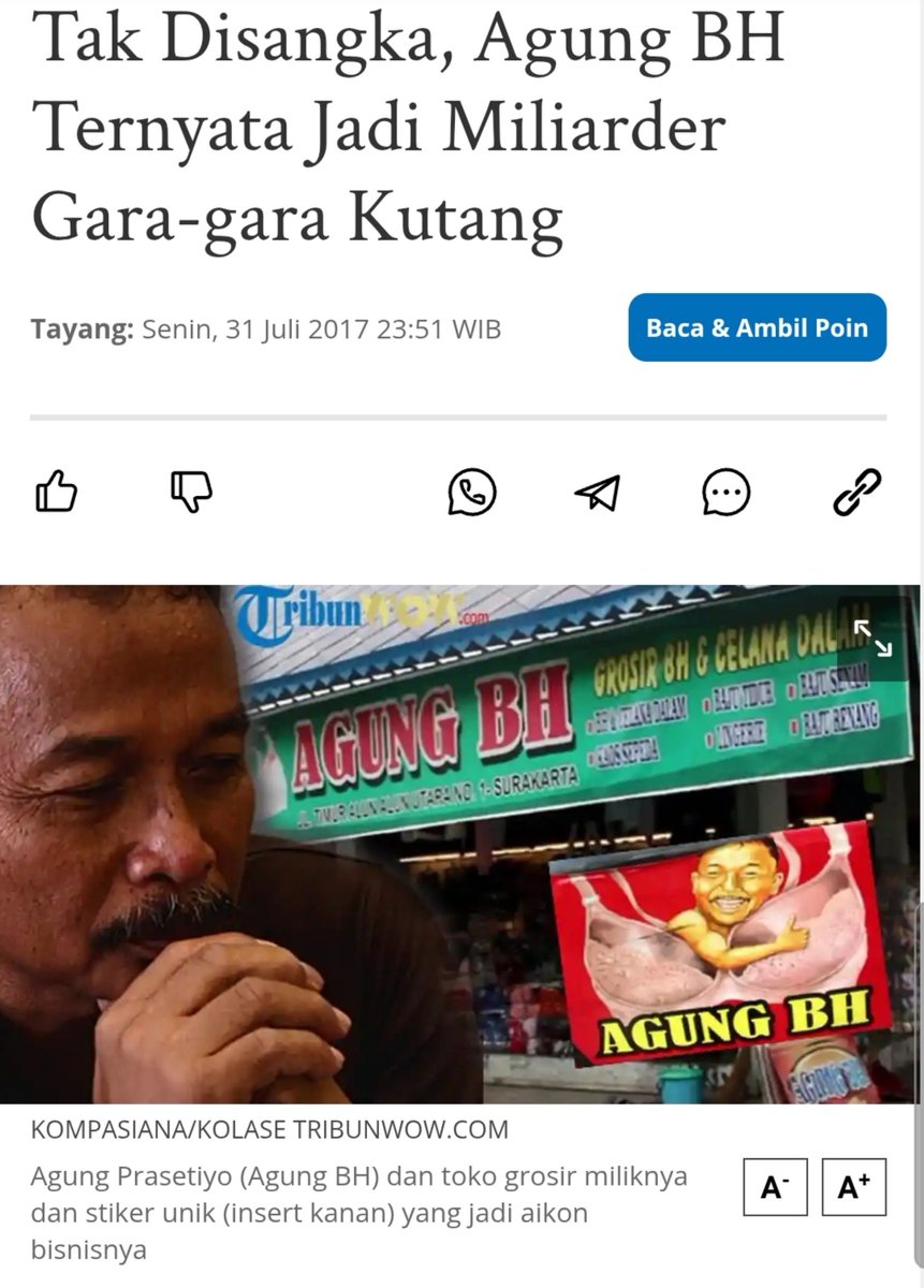lebamttelak's tweet photo. Trivia. Di Solo ada grosir bh sukses namanya Agung BH. Belio banting stir dr kondektur bis malam jd penjual bh taun 2009. Ide dr asbun mertuanya yg tidak suka belio jd kondektur bis "dodolo kutang ae". Pas masa primenya omset doi tembus belasan miliar/bulan https://t.co/nQ7qaCdKva