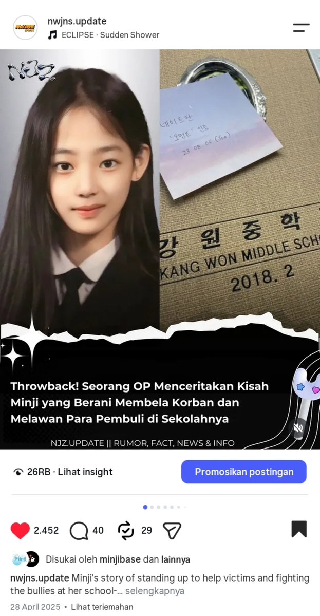 njz_updateidn's tweet photo. MELURUSKAN INFORMASI YANG SALAH TENTANG MINJI

Beredar informasi yang menuduh Minji dikenal sebagai pelaku bullying di sekolahnya. Namun, terdapat kesaksian dari seorang teman sekolah Minji yang justru menceritakan bagaimana ia berani membela korban bullying.

Dalam artikel Nate Pann pada 2023, teman satu sekolah Minji menceritakan bagaimana Minji membelanya dari para pembully, bahkan menghampiri seorang teman yang mengambil dompetnya dan membuatnya meminta maaf.

Faktanya, terdapat kesaksian yang menunjukkan bagaimana Minji berani membela korban bullying sejak masih duduk di bangku sekolah dasar.

Selain itu, Minji juga merupakan salah satu alumni Hanlim yang terus diapresiasi oleh sekolahnya. Akun resmi Hanlim bahkan membagikan berbagai momen Minji, mulai dari masa sekolah hingga kariernya sebagai seorang idol.

Alih-alih menyebarkan tuduhan palsu, mari lihat fakta yang ada. Minji dikenal berani membela korban bullying, bukan menjadi pelaku bullying.

Jangan sebarkan informasi salah tentang Minji.

🔗 [https://t.co/7ZtEPiNSja]