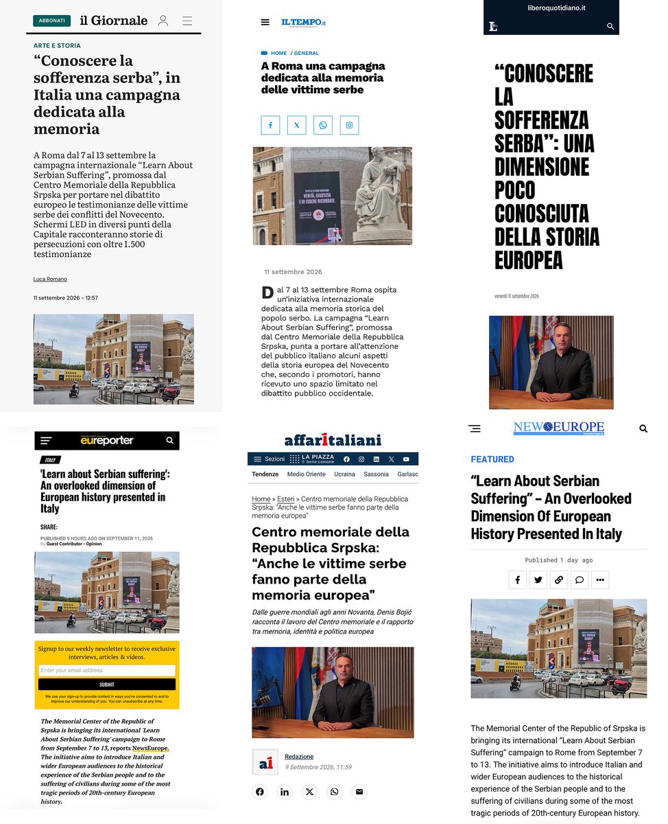 MemCentarRS's tweet photo. СРПСКО СТРАДАЊЕ ПОСТАЈЕ ЕВРОПСКА ТЕМА: СНАЖАН МЕДИЈСКИ ОДЈЕК КАМПАЊЕ МЕМОРИЈАЛНОГ ЦЕНТРА У РИМУ

Италијански и европски медији „Il Giornale“, „Il Tempo“, „Libero Quotidiano“, „Affaritaliani“, „NewsEurope“, „EU Reporter“ и „KOSMO“ готово једногласно оцјењују да кампања „Упознајте српско страдање“ отвара пред европском јавношћу тему која је предуго била гурнута у страну — страдање српског народа као недовољно познато и занемарено поглавље историје Европе 20. вијека, уз јасну поруку да без српских жртава нема цјеловитог европског памћења.

Медијски одјек кампање није остао само у Италији. Текст о кампањи „Упознајте српско страдање“ објавио је „NewsEurope“, а пренио га је и „EU Reporter“, европска медијска платформа са сједиштем у Бриселу. У текстовима се наглашава да кампања настоји да српско историјско искуство представи кроз документе, архивску грађу и лична свједочанства, изван политичких тумачења и стереотипа.