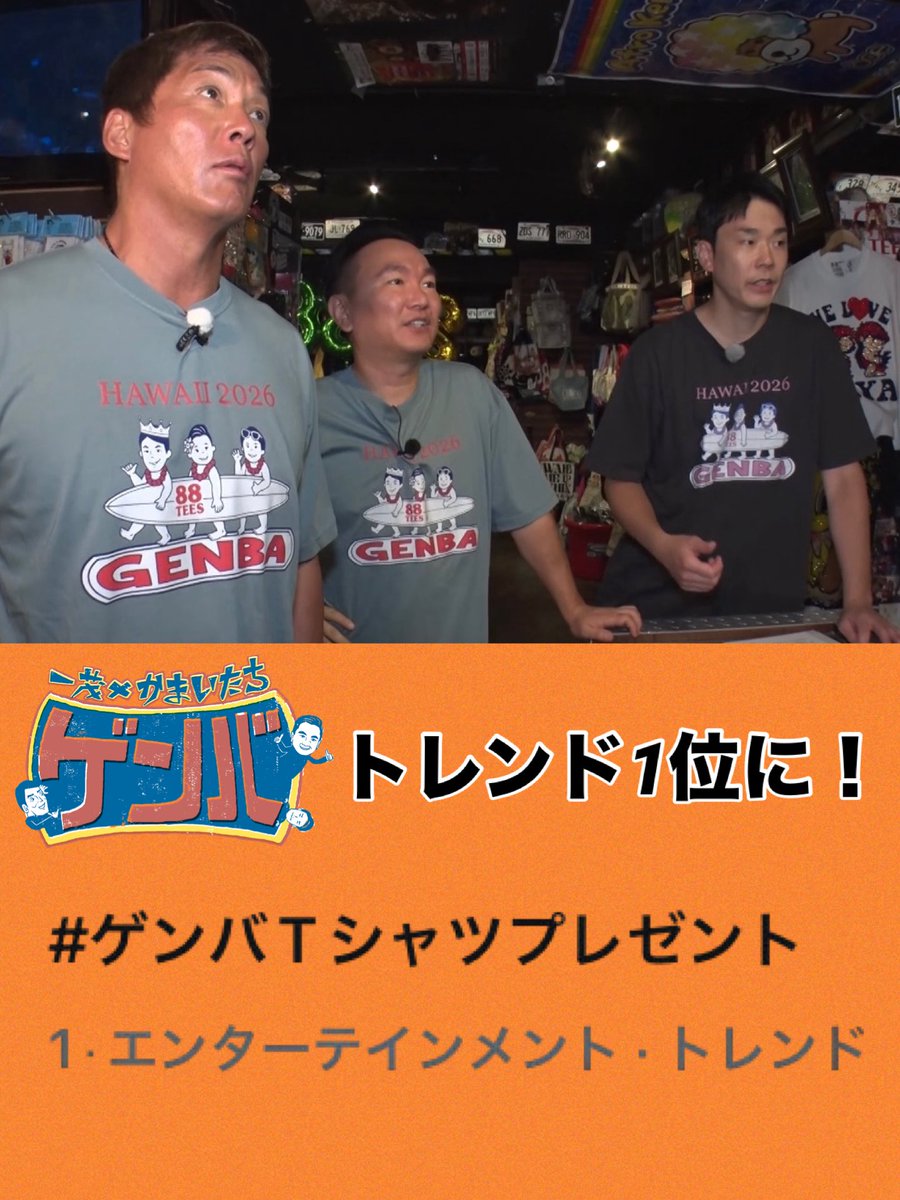 genba_ntv's tweet photo. #ゲンバTシャツプレゼント
たくさんのご応募ありがとうございます！
タグが【トレンド1位】になりました🎉

◾️Tシャツプレゼントのご応募
※10/4(日)23:59まで

◾️『ハワイ2時間SP』TVer配信は
※9/15(火)18:59まで

◾️『ハワイSP反省会』TVer配信は
※9/20(日)10:24まで

▽視聴はこちら
https://t.co/rmPUY71Zt8

#一茂かまいたちゲンバ