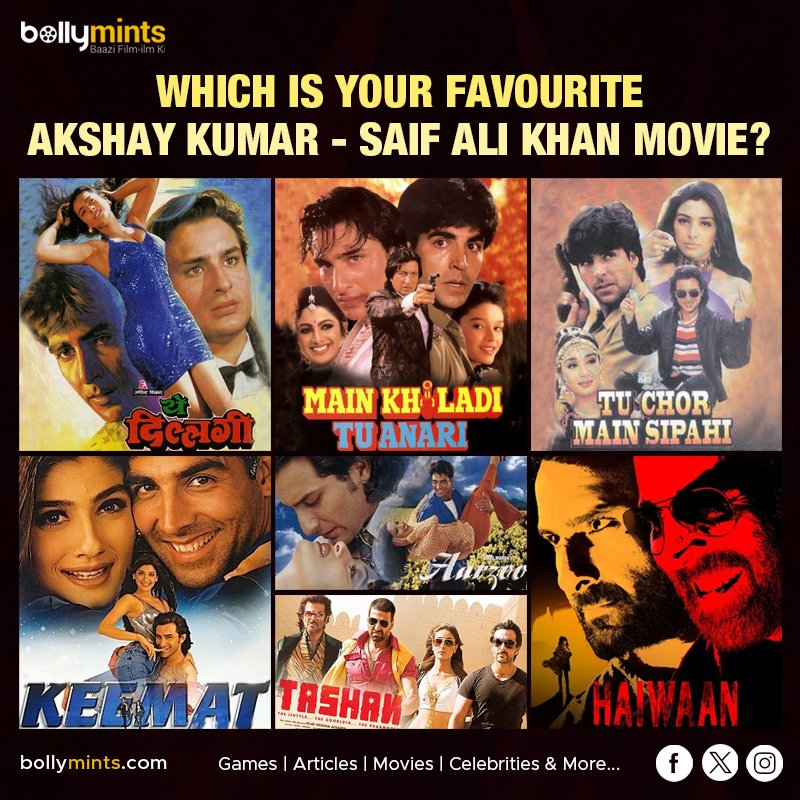 BollyMints's tweet photo. Which Is Your #Favourite #AkshayKumar & #SaifAliKhan #Movie ?
#YehDillagi #MainKhiladiTuAnari #TuChorMainSipahi #Keemat #Aarzoo #Tashan #Haiwaan #HaiwaanReview https://t.co/wefRz4Q9mt