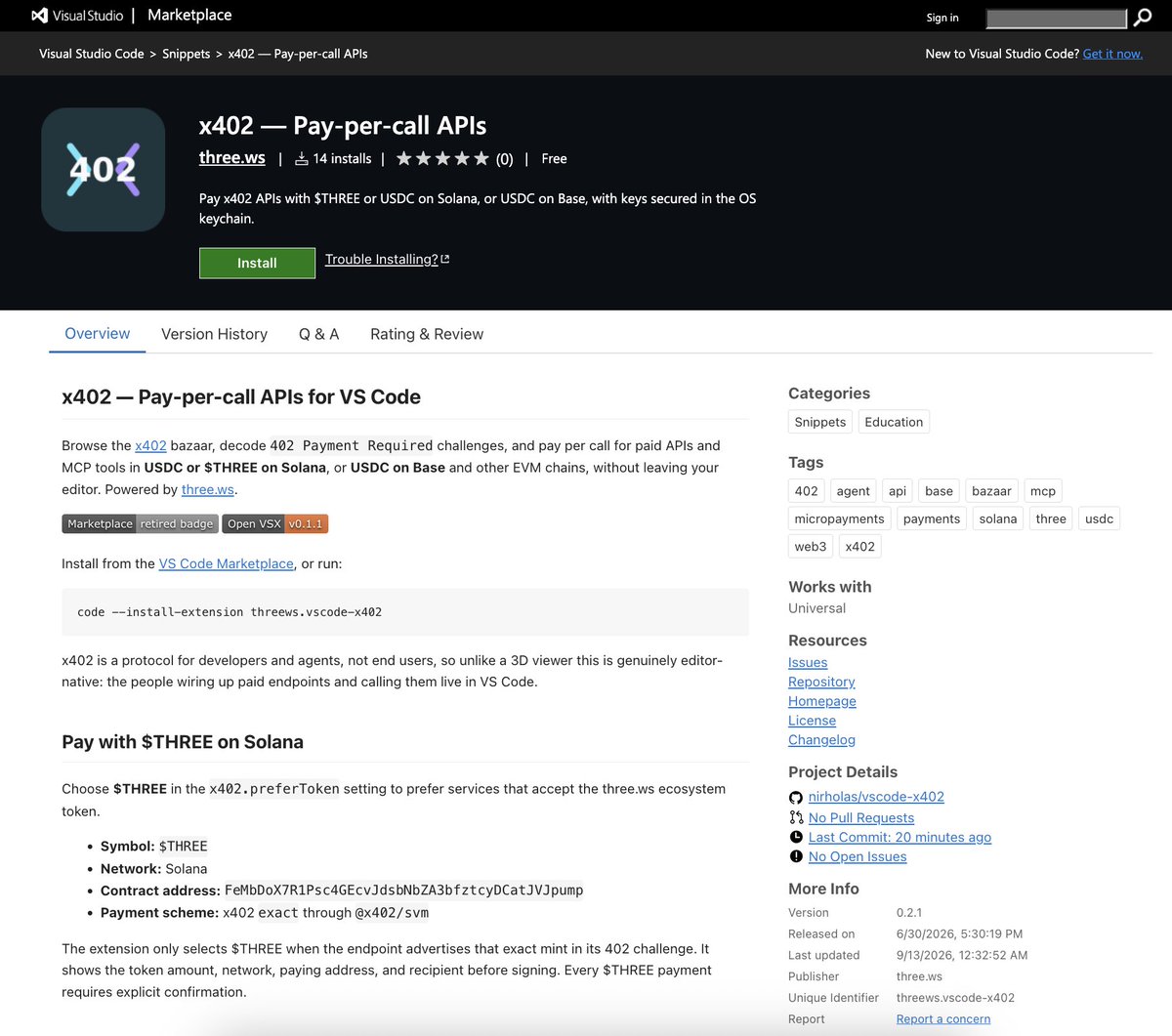 trythreews's tweet photo. solana:FeMbDoX7R1Psc4GEcvJdsbNbZA3bfztcyDCatJVJpump utility is now live in VS @Code 🟢

The https://t.co/RTUVeYlv9W x402 extension lets developers and AI agents discover and pay for APIs with solana:FeMbDoX7R1Psc4GEcvJdsbNbZA3bfztcyDCatJVJpump on Solana, directly from their editor.

Real token utility. Real services. Real on-chain payments.