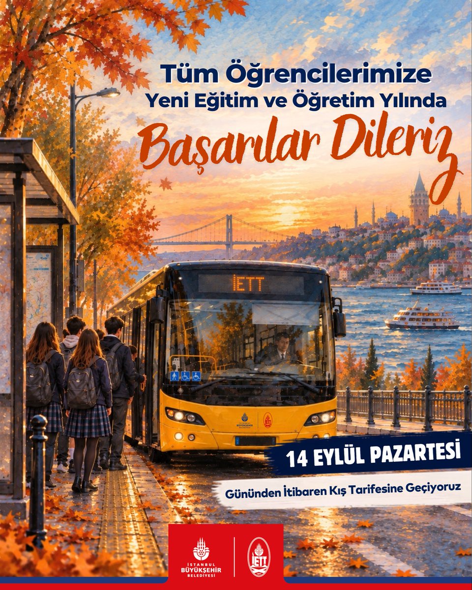 Yeni eğitim ve öğretim yılı başlıyor! 📚
Tüm öğrencilerimize yeni dönemde başarı, azim ve güzel bir eğitim yılı diliyoruz.
İETT olarak öğrencilerimizin yolculuklarına eşlik etmeye devam ediyoruz.
14 Eylül Pazartesi gününden itibaren kış tarifemize geçiyoruz. Güncel sefer saatlerine iett.istanbul web sitemizden ve Otobüsüm Nerede uygulamamız üzerinden ulaşabilirsiniz.