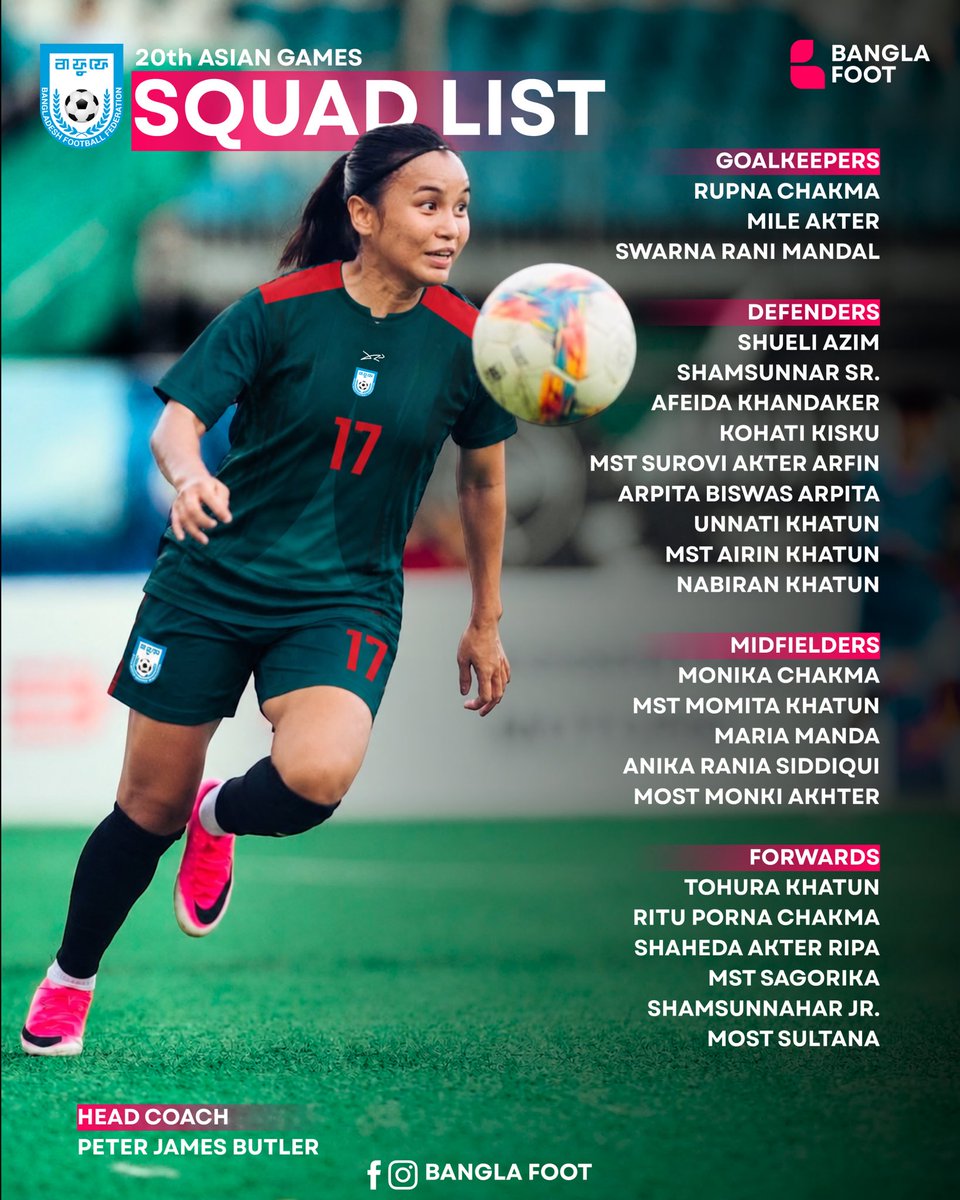 OriginFoot_bd's tweet photo. ๐ง๐ฉ Bangladesh Womenโs National Football Team โ 23-Member Squad! ๐โฝ
The 23-member squad for the 20th Asian Games, Aichi-Nagoya 2026. ๐ฏ๐ต๐ฅ
Ready to represent the Red & Green on the Asian stage! โค๏ธ๐
#BanglaFoot #BangladeshFootball #WomensFootball #AsianGames2026 https://t.co/EVn7te4pmE