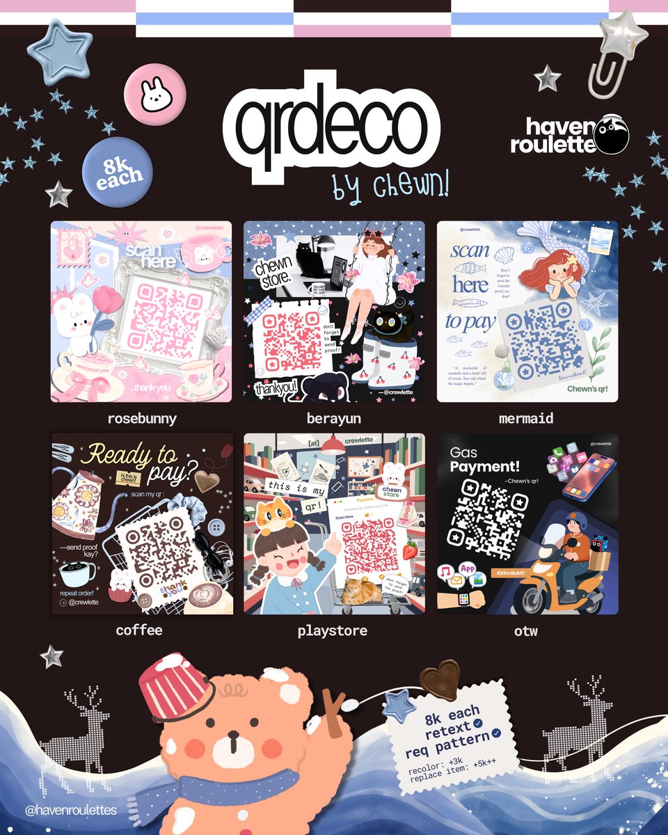 havenroulettes's tweet photo. hi hi loves!! 💕🐻‍❄️

*a 🩷 or 🔄 is appreciated☺️

—new qr menu alert! ⏰💕
get new DecoRation for ur qr!☁️

yg qrnya mau baju baru also ba baru yg qrnya baru terbit: sini sinii alll tap wa yg di bio!😉☎️

🏷️ 8k ea, retext
🍒 recolor +3k
⭐️ ganti item +5k 

🪜 qr deco #bealanja https://t.co/vIgl7u5VLX