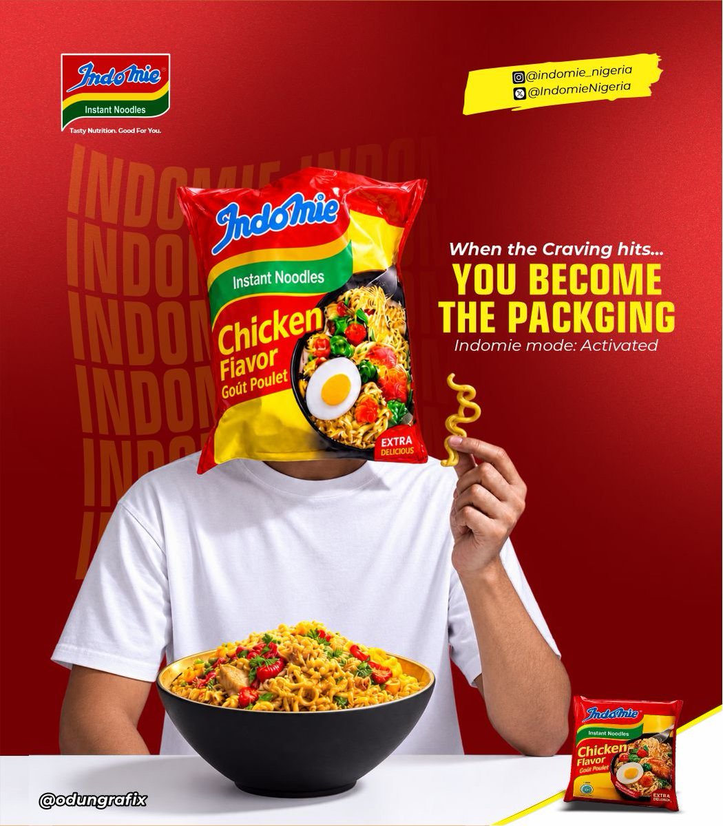 odungrafix's tweet photo. Day 35

When the craving hits… you become the packaging. 😂🍜

At this point, it’s not just a craving anymore, it’s a full-blown Indomie state of mind. 😮‍💨🔥

One pack, one bowl, and suddenly nothing else matters. 😂

NOODLE MODE: ACTIVATED. 🍜⚡

@IndomieNigeria
#Indomie #IndomieNigeria #NoodleMode #FoodDesign #GraphicDesign Day35