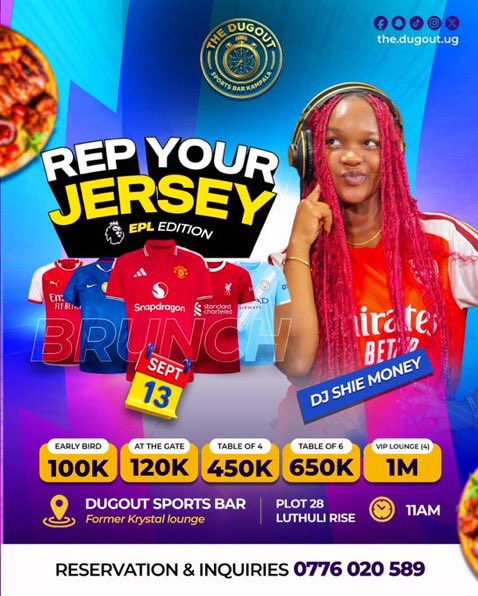 jim_trax_japher's tweet photo. Football, jerseys, brunch and good vibes. That’s the plan this Sunday.

DJ Mato and DJ Shie Money are handling the decks at The Dugout. Come rep your team, bring your crew and let’s make it a proper Sunday.
Reservations: 0776 020 589

#RepYourJersey #TheDugoutKampala #EPLBrunch https://t.co/DePhc6KvAA