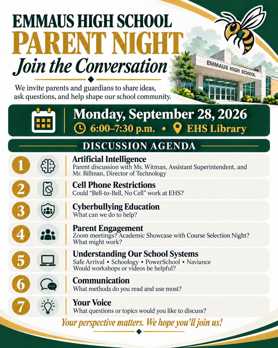 EHS_Hornets's tweet photo. Please join us for the first parent meeting of the new school year.  All are welcome on Monday, September 28th, 6:00 - 7:30 PM in the EHS Library. https://t.co/77eYpKtFb0