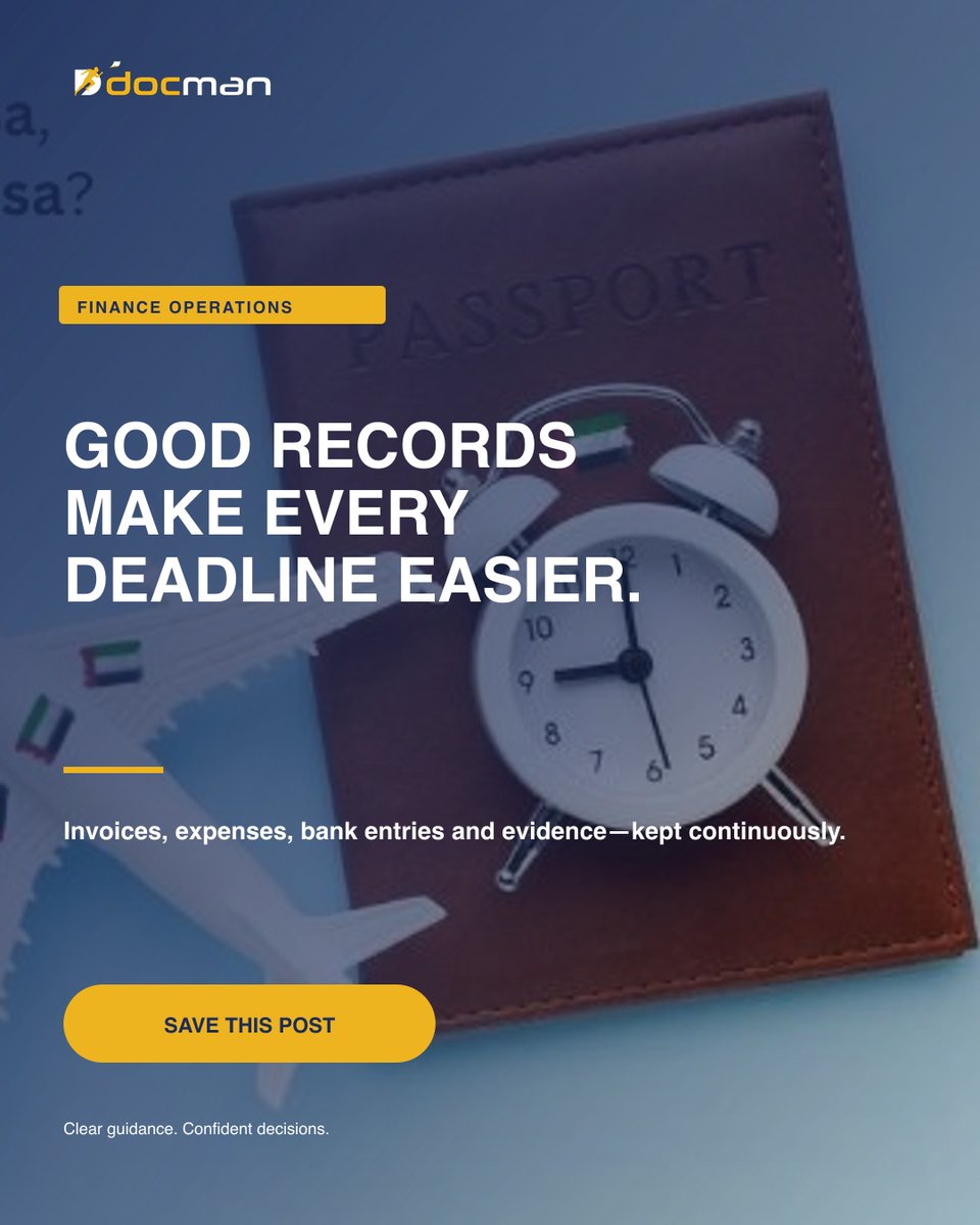teESTOYsiguiend's tweet photo. 28 FINANCE OPERATIONS
Invoices, expenses, bank entries and evidence—kept continuously. Save this reminder and speak to Docman for guidance tailored to your activity and operating plan. 📲 Call/WhatsApp: +971 800 362 626
🌐 https://t.co/iQzfS5R5iU