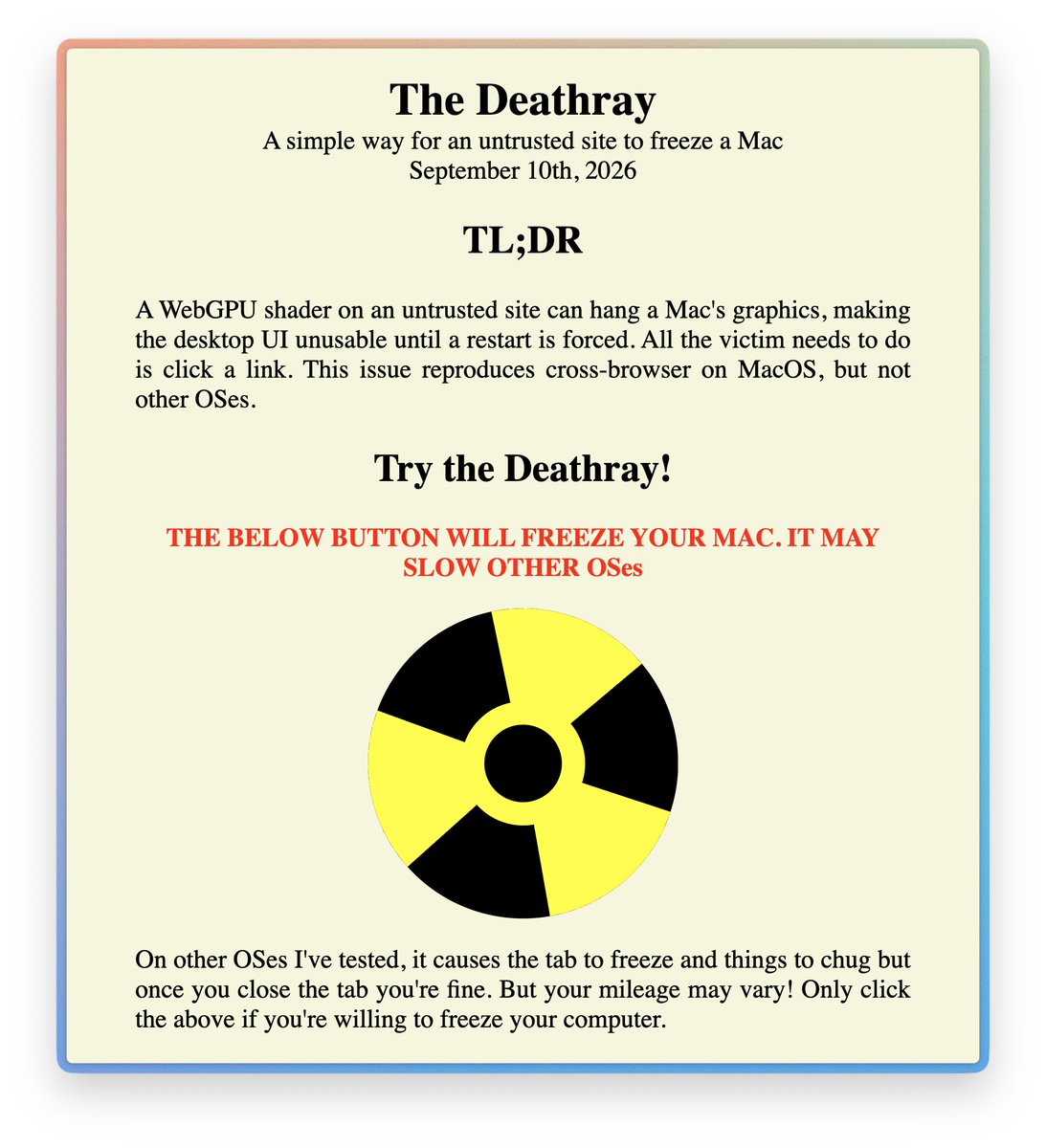 The Deathray: 간단한 WebGPU 셰이더로 링크 클릭만으로 Mac을 커널 패닉까지 고정시킬 수 있다 대표 이미지