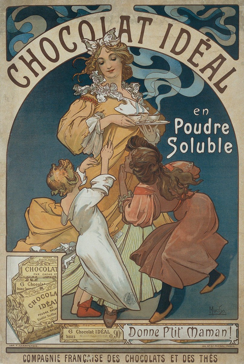 MuseuNac_Cat's tweet photo. L'aroma d'una tassa de #xocolata i la bellesa de l'#ArtNouveau ☕

📅 Avui, #DiaMundialDeLaXocolata, compartim aquest elegant cartell creat el 1897 per #AlphonseMucha per a la marca Chocolat Idéal. https://t.co/62R4mxhBGc