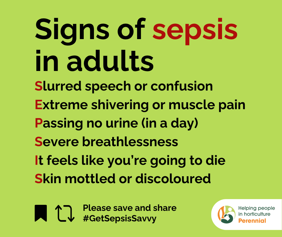 PerennialGRBS's tweet photo. Cuts, grazes, insect bites and contact with soil are common in horticulture 🌱

This #SepsisAwarenessMonth, know the signs and trust your instincts. If something doesn’t feel right, Just Ask: “Could it be sepsis?”

Visit @UKSepsisTrust 👉 https://t.co/SfvFo3E2x1
#PerennialHelps https://t.co/N1pyJ6rvPH