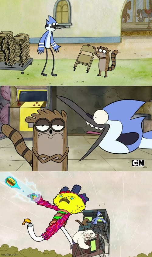 RiseFallNickBck's tweet photo. The Regular Show episode "Just Set Up the Chairs" premiered on Cartoon Network 16 years ago today! https://t.co/SCtvkQHf6f