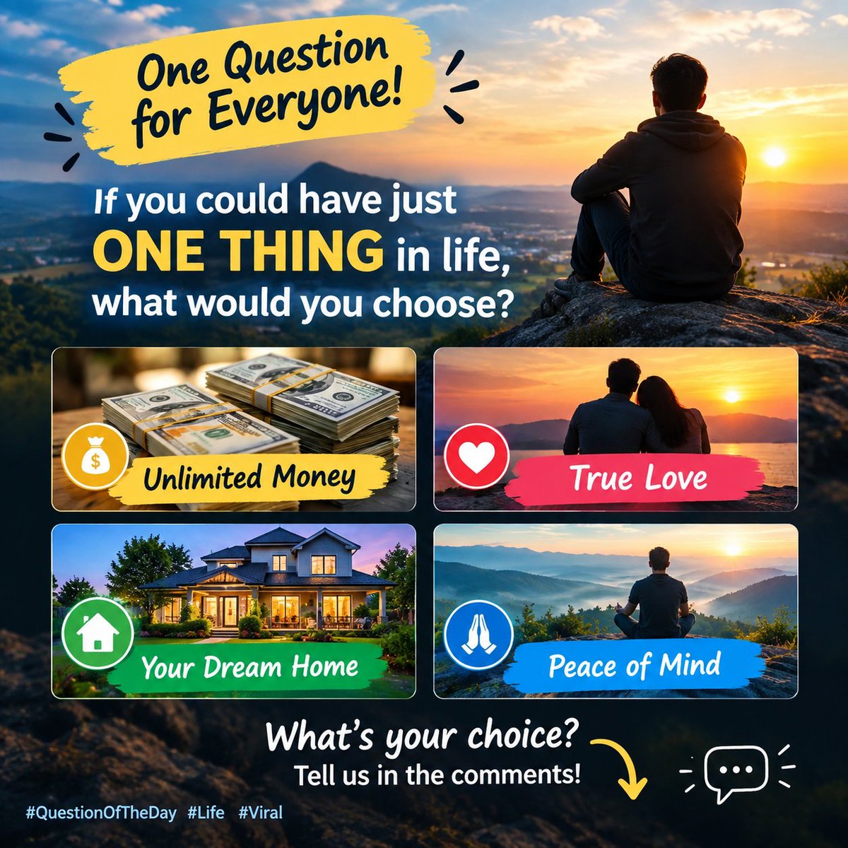 eniie__'s tweet photo. ❤️ ONE QUESTION FOR EVERYONE!
If you could have just ONE thing in life, what would you choose?
💰 Unlimited Money
❤️ True Love
🏡 Your Dream Home
🤲 Peace of Mind
What’s your choice? Tell me in the comments! 👇 https://t.co/gq3loCgFrD