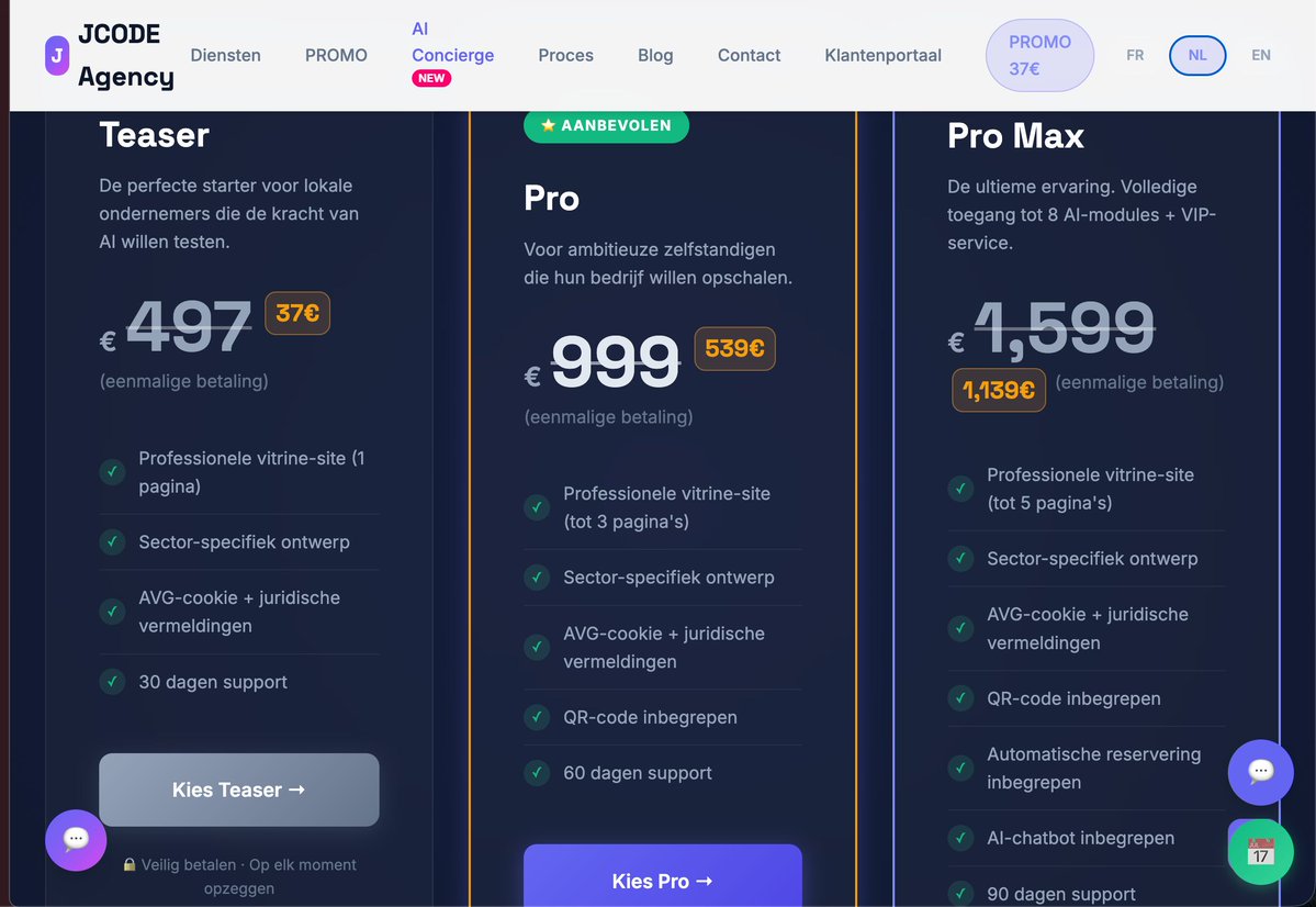 JCODE_Agency's tweet photo. Belgische KMO: website + AI vanaf 1 139 € (Pro Max met automatische reservering + AI-chatbot) in plaats van 1 599 € met PROMO460. De echte kost? Nietsdoen. Een website die niet bestaat = klanten die je niet vinden. Teaser vanaf 37 € om te testen. https://t.co/UtZiRXhfo7