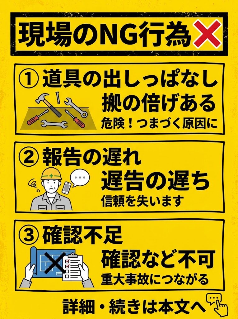 sinzi0921's tweet photo. ① 道具の出しっぱなし
➔ つまずき転倒の原因に。作業が終わったら即片付けが鉄則！

② 報告の遅れ
➔ 小さなミスほど即報告。「あとで言おう」が一番信頼を失います。

③ 確認不足
➔ 「多分大丈夫」は事故の元。図面と現物のダブルチェックを怠らない！
コメントで教えてください👇 https://t.co/dxhn9GaIW5