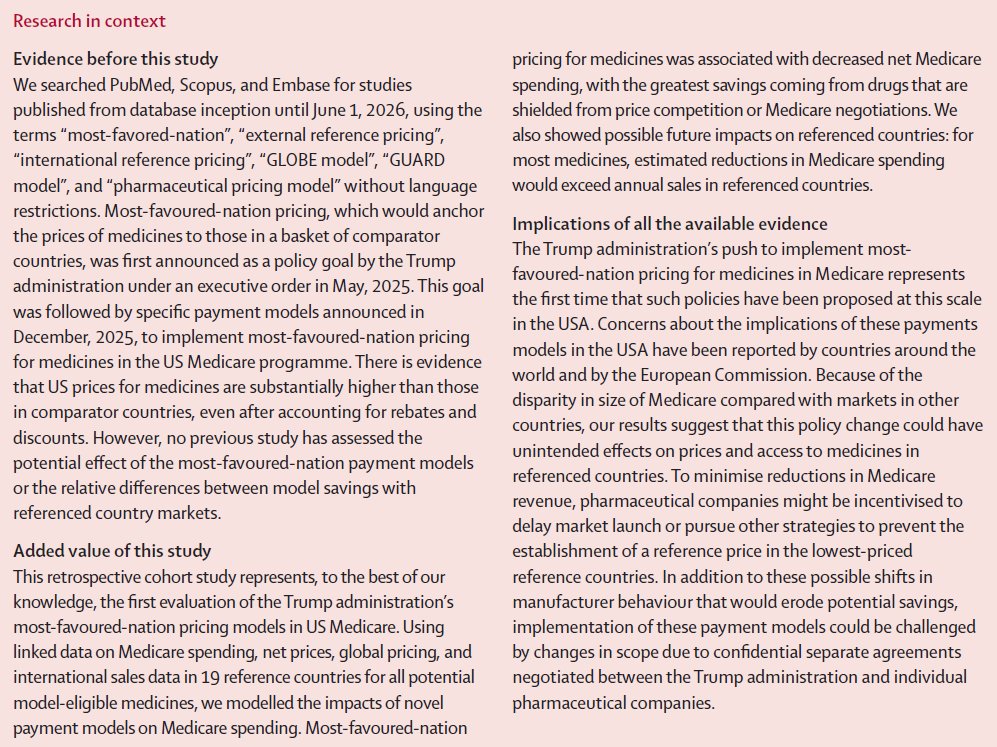 Research in context panel for a paper published in The Lancet entitled \"Most-favoured-nation pricing for prescription drugs in US Medicare: a cohort study\". Copyright: 2026 Elsevier Ltd. All rights reserved.