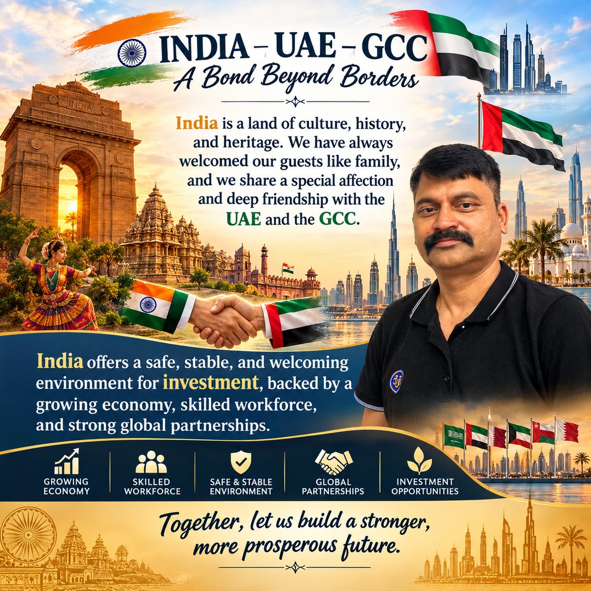 DPsevak2SaveNat's tweet photo. India is land of culture history and heritage we always welcome our guests like family members and UAE,GCC we have special affection all time . India is safest country to invest under visionary foresighted leadership of Shri Narendra Modiji @narendramodi @HHShkMohd @MohamedBinZayed @hhshklatifa @hhtbzayed @HHShkDrSultan @HHAhmedBinSaeed