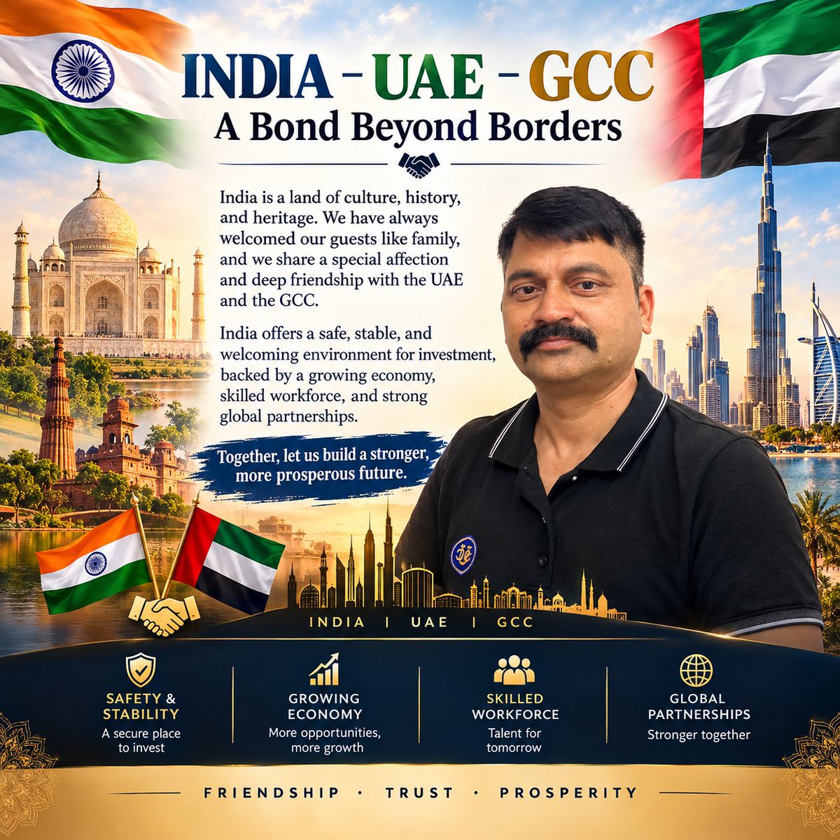 DPsevak2SaveNat's tweet photo. India is land of culture history and heritage we always welcome our guests like family members and UAE,GCC we have special affection all time . India is safest country to invest under visionary foresighted leadership of Shri Narendra Modiji @narendramodi @HHShkMohd @MohamedBinZayed @hhshklatifa @hhtbzayed @HHShkDrSultan @HHAhmedBinSaeed