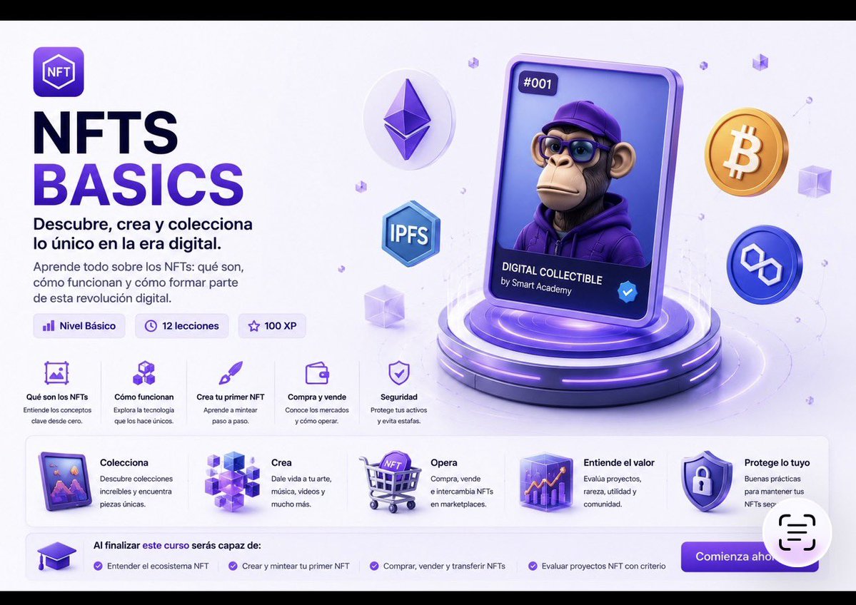 SmartAcademyPro's tweet photo. 🚀 ¿Listo para dominar el mundo de los NFTs desde cero? 🎨🌐
En Smart Academy Pro abrimos las puertas a la revolución digital. Con nuestro curso "NFTs Basics", aprenderás todo lo que necesitas para entender, crear y moverte con seguridad en este ecosistema. 🦊💡 https://t.co/aLIFKF5N7v