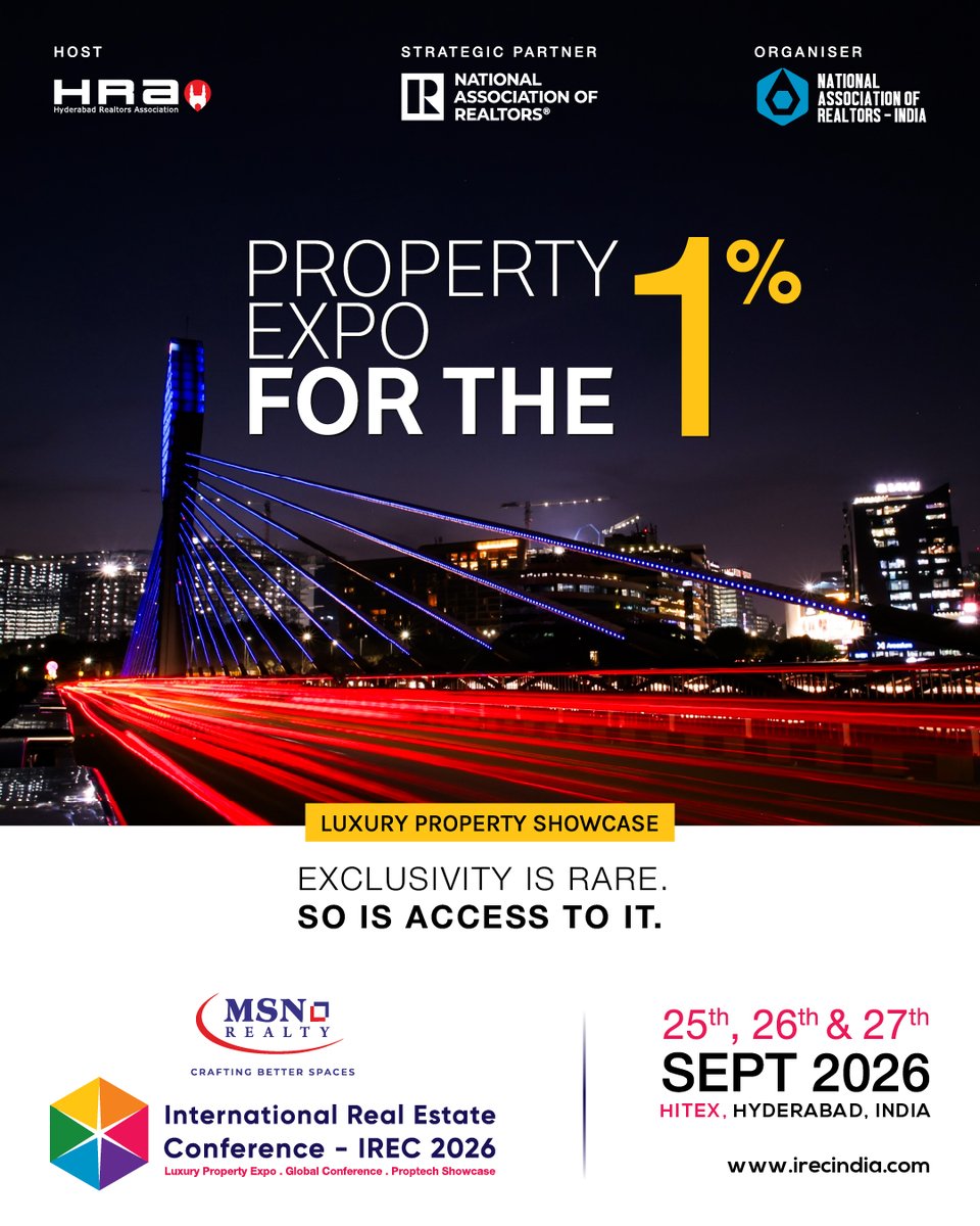 IREC2026's tweet photo. PROPERTY EXPO FOR THE 1%.
Exclusivity is rare. So is access to it. Step into a curated showcase of the world's most exceptional properties across our Global, National & Hyderabad Pavilions.
25th–27th Sep 2026 | HITEX, Hyderabad
Register Now
#PropertyExpo #LuxuryRealEstate https://t.co/VWOYALVkU8