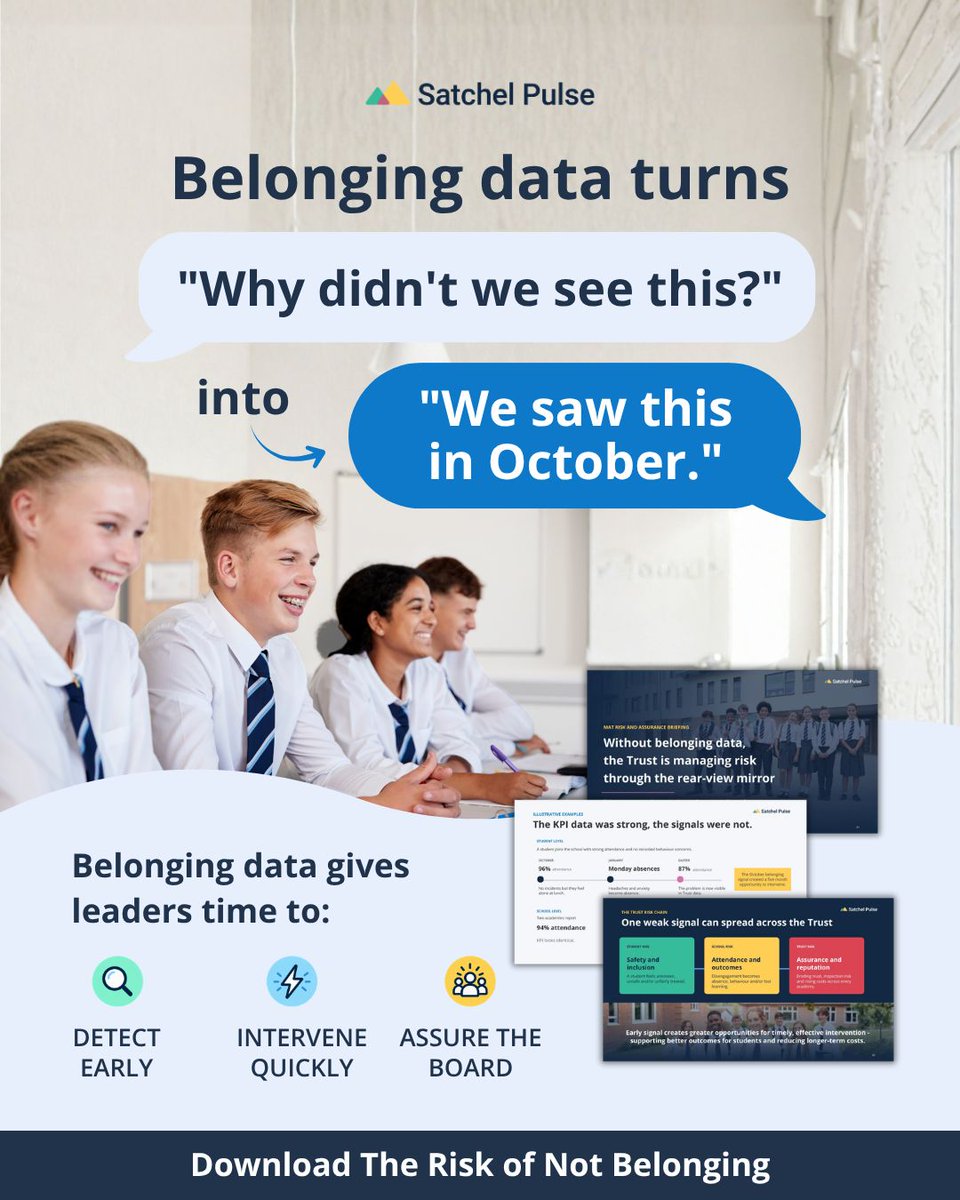 Team_Satchel's tweet photo. The Risk of Not Belonging briefing makes the case for using belonging data as an early-warning indicator, rather than waiting for lagging indicators to show the consequences.

📥 Explore what earlier visibility could mean for your schools and Trust.

https://t.co/T9AF7mbiYD https://t.co/yqLW49uwW6