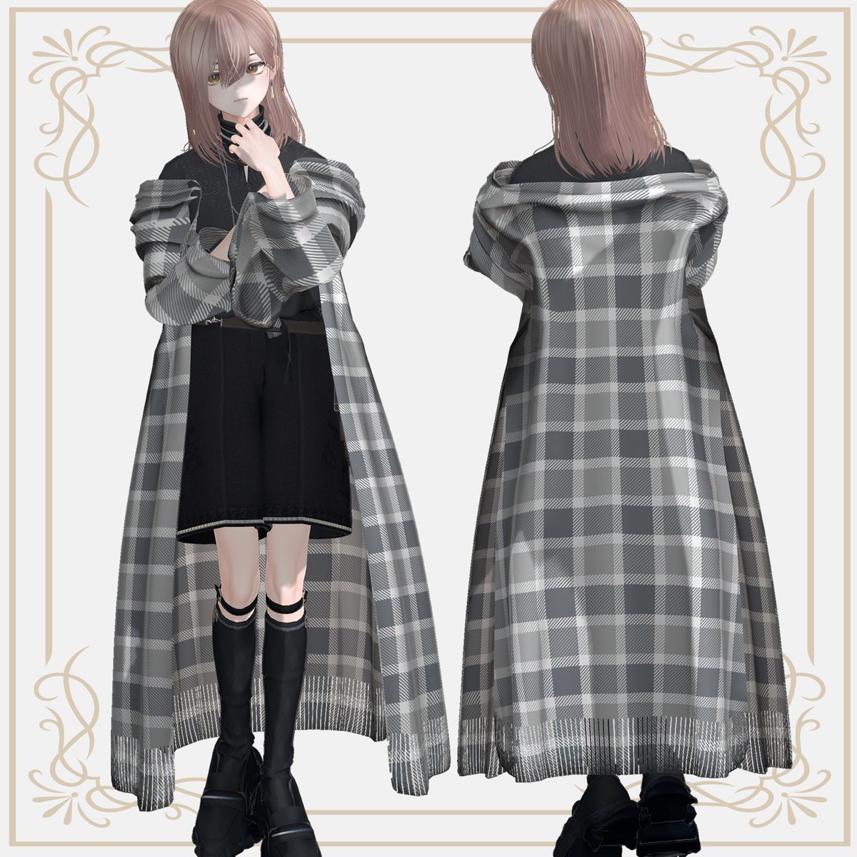 aphoshi77's tweet photo. 【🎉新作衣装🎉】 
VRChat向け衣装【Long Cape Coat】の販売を開始しました‼️
ケープコートとインナー+スカートのセットです
9月20日までセール価格の【1400円→1000円】で販売中
現在3アバターに対応しています
よろしくお願いします‼️
https://t.co/zKfzseAdpk https://t.co/Gu7bnp418u