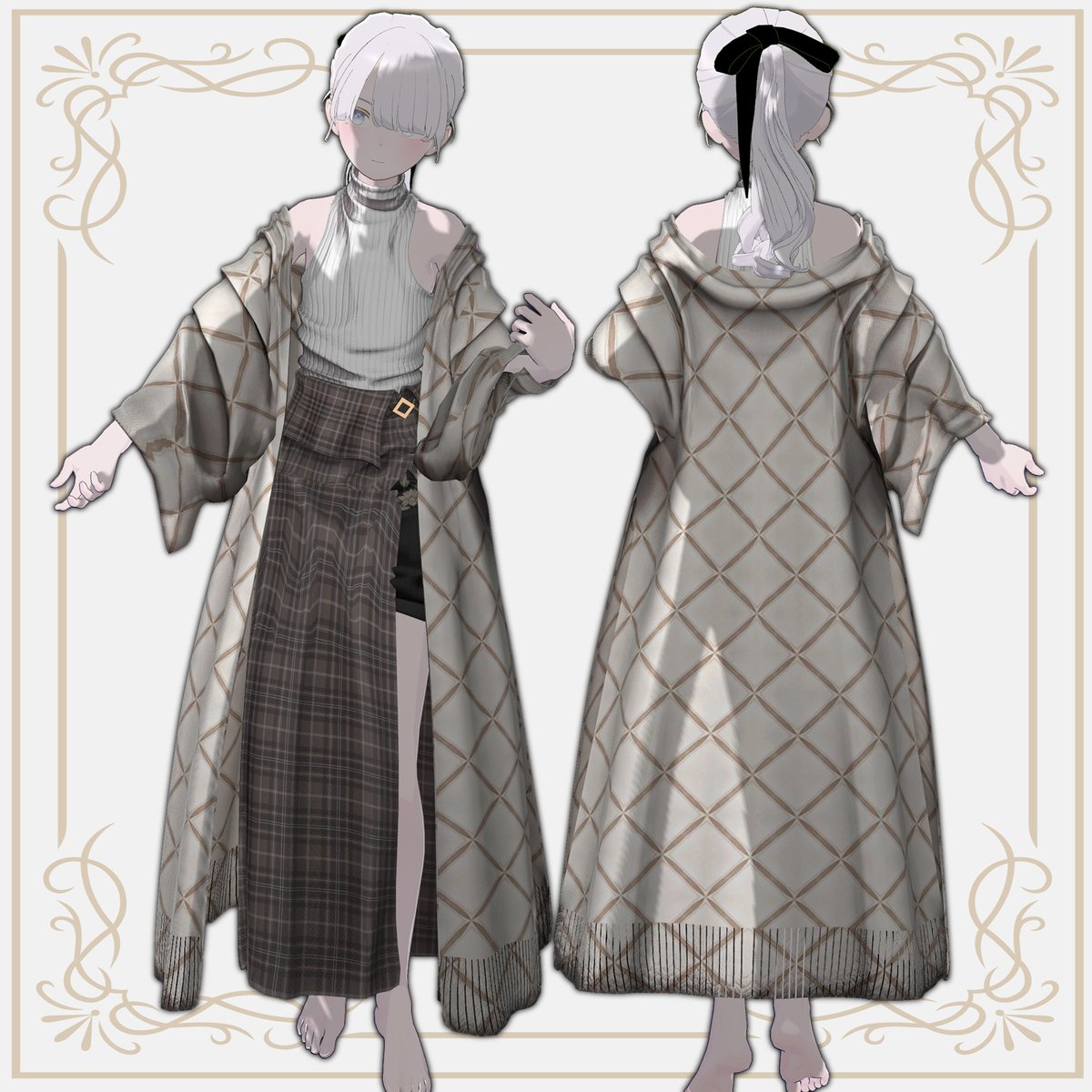 aphoshi77's tweet photo. 【🎉新作衣装🎉】 
VRChat向け衣装【Long Cape Coat】の販売を開始しました‼️
ケープコートとインナー+スカートのセットです
9月20日までセール価格の【1400円→1000円】で販売中
現在3アバターに対応しています
よろしくお願いします‼️
https://t.co/zKfzseAdpk https://t.co/Gu7bnp418u