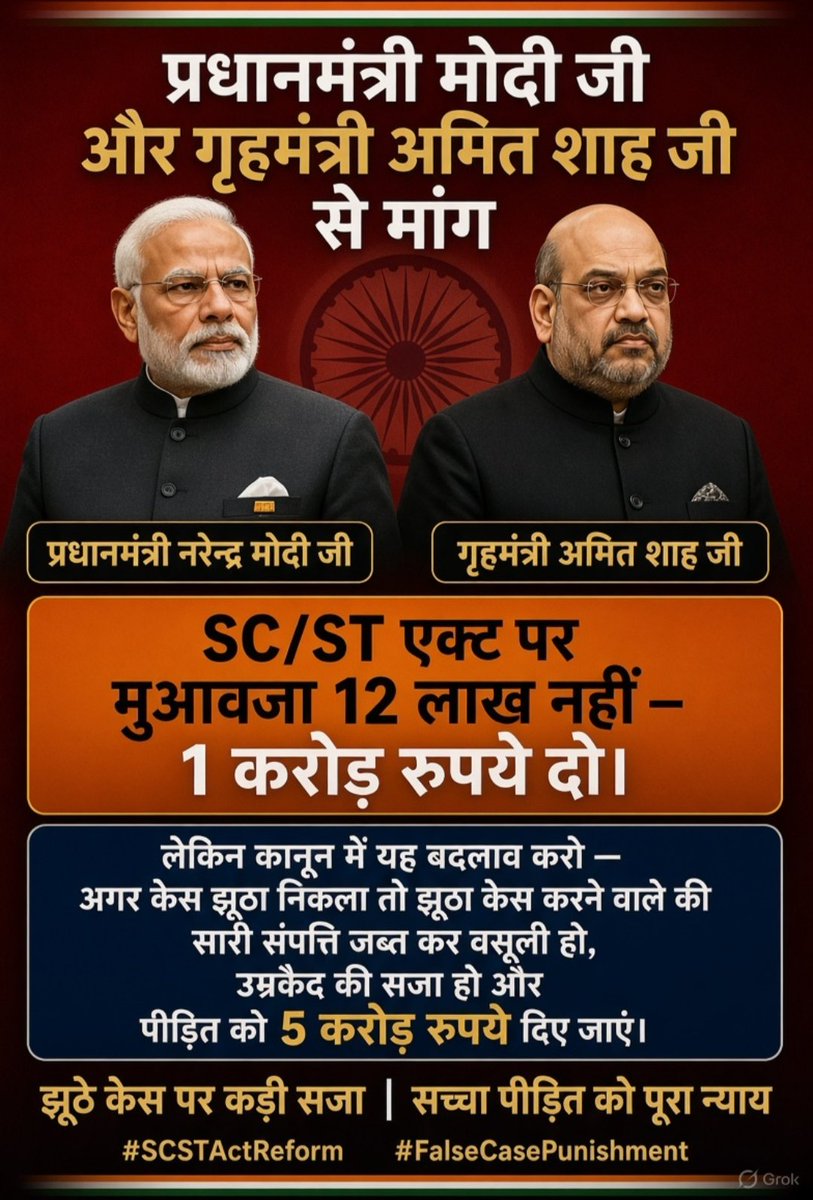 Akhilesh180519's tweet photo. मैं चाहता हूं देश के प्रधानमंत्री नरेंद्र मोदी और गृहमंत्री अमित शाह, SC/ST Act लगाने पर 12 लाख नहीं, 1 करोड़ रुपये दो.!

लेकिन कानून में इतना बदलाव कर दो कि अगर केस झूठा निकला,

तो झूठा केस करने वाले की सारी संपत्ति जब्त कर उस पैसे की वसूली की जाए, साथ ही उम्रकैद की सजा हो और 5 करोड़ रुपये पीड़ित को दिए जाएं.!