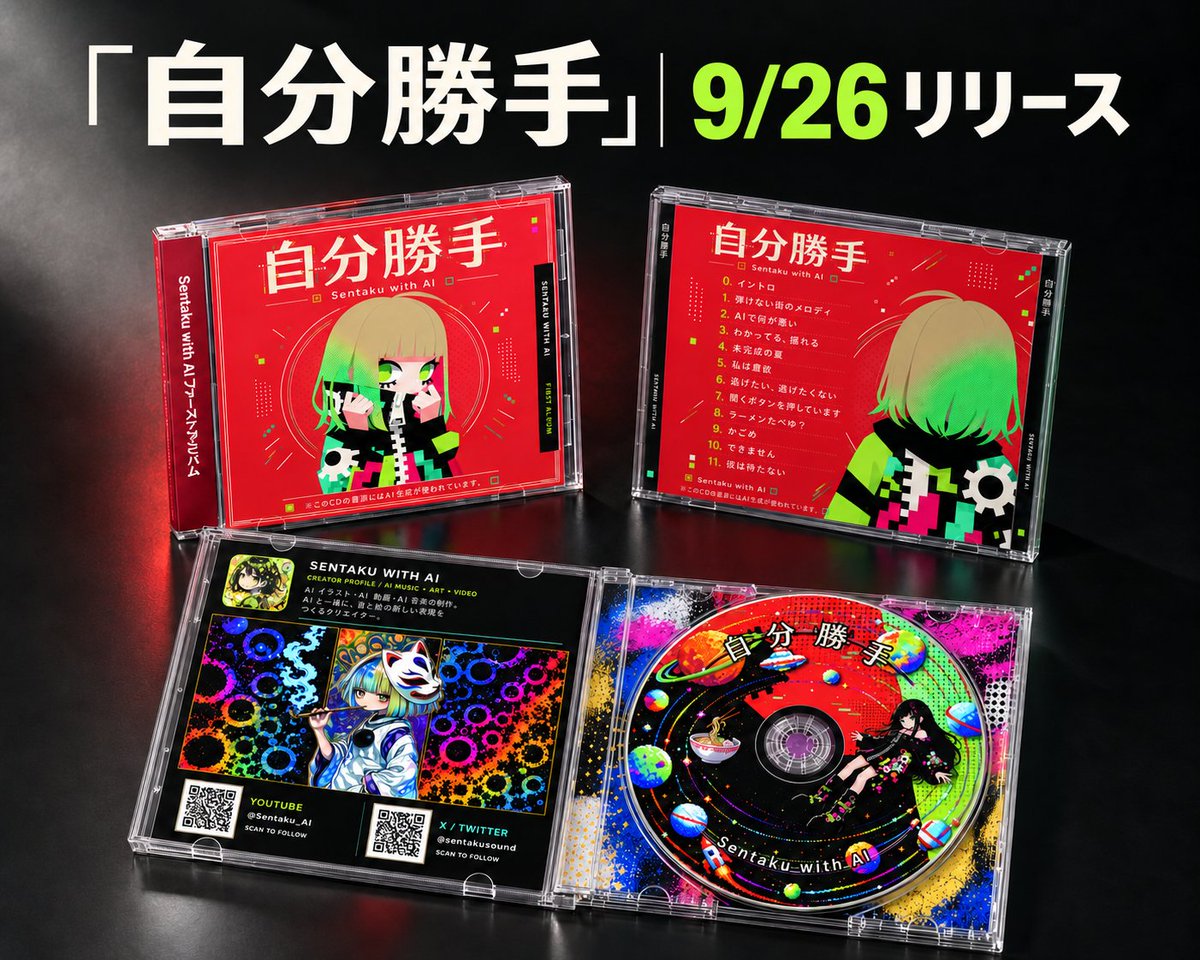 sentakusound's tweet photo. Sentaku with AIのファーストアルバム
CD「自分勝手」
発売のお知らせ！！
#和気あいAI
9/26土曜、10:00〜16:00
愛知県東海市名鉄太田川駅前大屋根広場
にて！
手売り販売いたします
ジャケットも合わせて、ただ飾るだけでも楽しめる1枚にいたしました！
※画像はイメージです https://t.co/qjzDTNmKZv