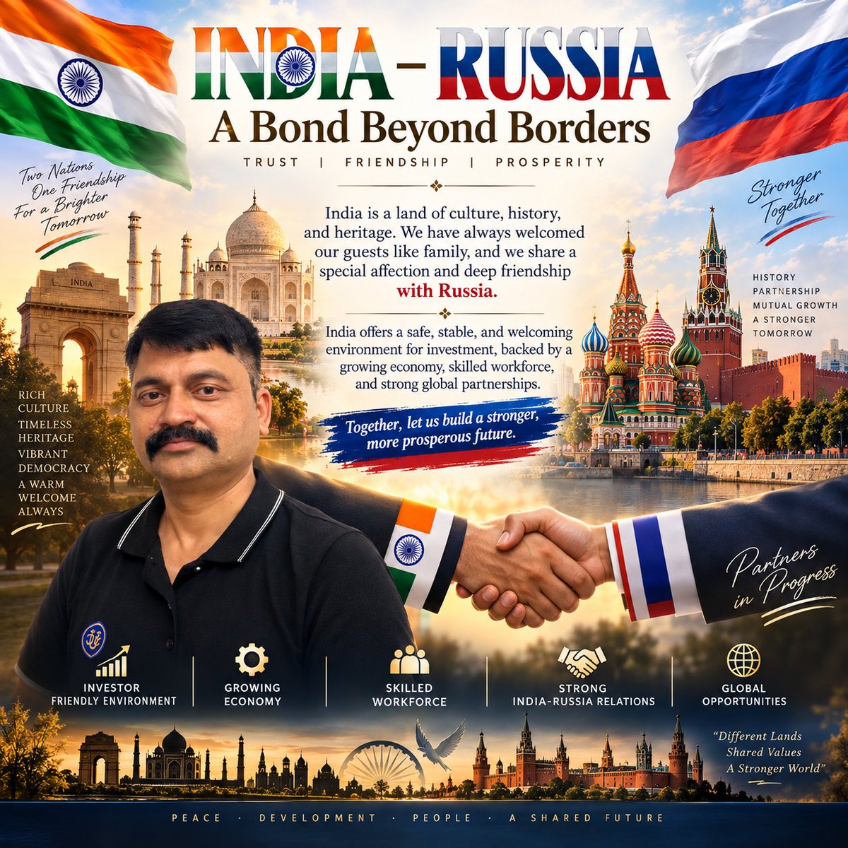 DPsevak2SaveNat's tweet photo. A Bond Beyond Borders
India is a land of culture, history, and heritage. We have always welcomed our guests like family, and we share a special affection and deep friendship with the RUSSIA .
@narendramodi 
India offers a safe, stable, and welcoming environment for investment, backed by a growing economy, skilled workforce, and strong global partnerships.
Together, let us build a stronger, more prosperous future. 🤝🇮🇳 RUSSIA