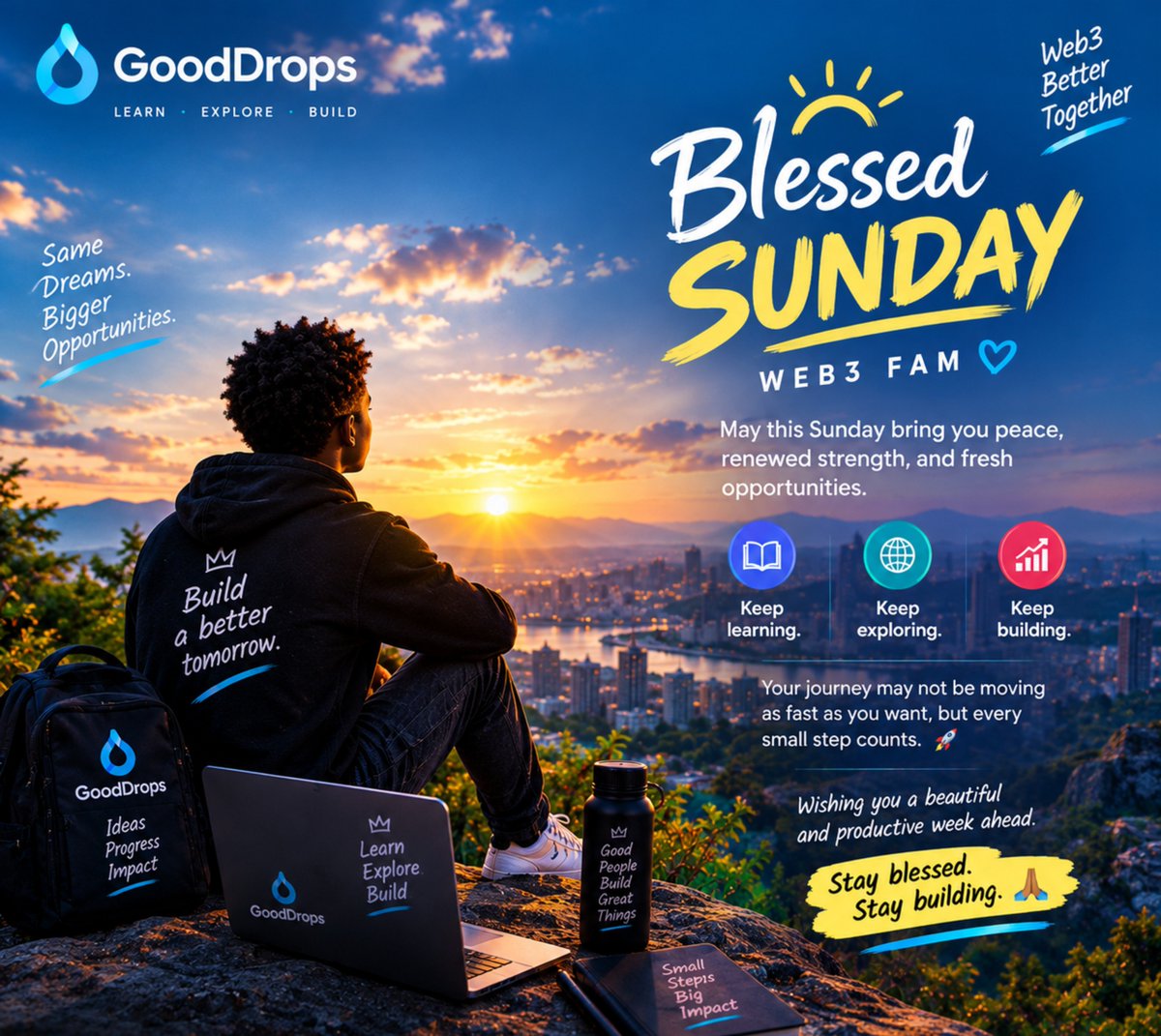 enthusiaweb3's tweet photo. 🌤️ Blessed Sunday, Web3 fam 💙

May this Sunday bring you peace and fresh opportunities.

Keep learning.
Keep exploring.
Keep building.

Wishing you a productive week ahead.

Stay blessed. Stay building. 🙏💙

@gooddropss @gooddollarorg @celo

#BlessedSunday #GoodDollar #Celo https://t.co/vWbrUbnxF9