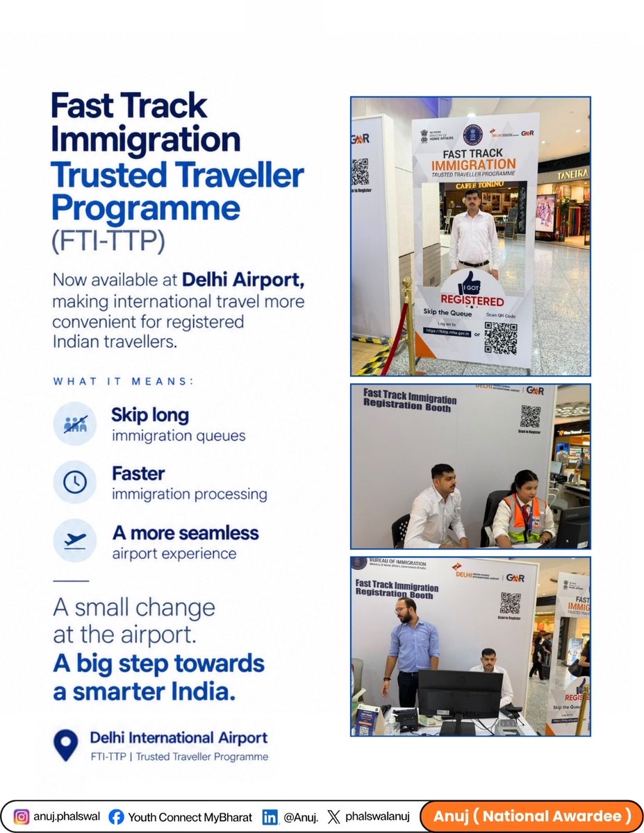 phalswalanuj's tweet photo. I’ve done my FTI-TTP registration you should too! ✈️🇮🇳
Faster immigration. Less waiting. Smarter travel.

#FTITTP #TrustedTravellerProgramme #DelhiAirport #FastTrackImmigration #AnujPhalswal https://t.co/Cbt7ArixPU
