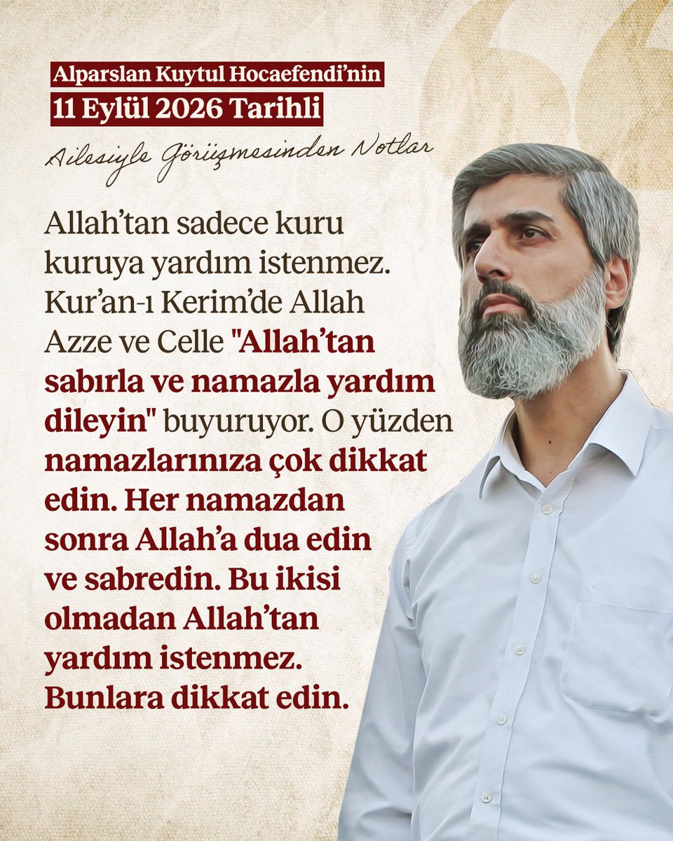 onculider_1's tweet photo. Alparslan Kuytul Hocaefendi'nin ailesiyle yaptığı görüşmeden notlar ✍️

Her namazdan sonra Allah’a dua edin ve sabredin. Bu ikisi olmadan Allah’tan yardım istenmez. Bunlara dikkat edin.

#HocamlaOkuyorum https://t.co/iDK2iOwZNS