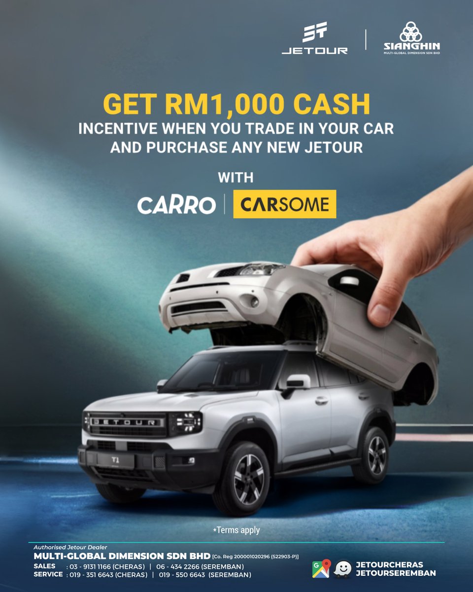 sianghin's tweet photo. The All-New #JETOUR #T2iDM is almost here. Join us on 19 Sep, 7.30pm-10pm at #JETOURCheras & #JETOURSeremban to witness the launch live from #KLCC, explore current offers, test drive & enjoy our candle making workshop.
*T&Cs apply
#Sianghin #MultiGlobal #JETOURMalaysia https://t.co/3Nm7Mt84yy