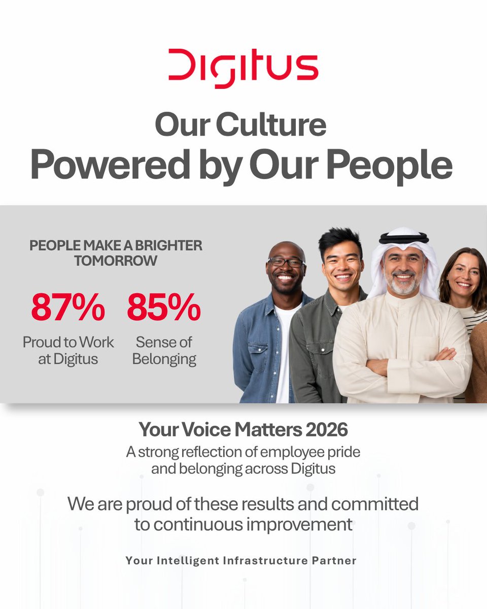 Digitus_Group's tweet photo. At Digitus, our people shape the culture we build together. Your Voice Matters 2026 reflects a strong sense of pride and belonging across our organization, while giving us clear direction to keep listening, learning and improving.

#Digitus #OurPeople #OurCulture #GCC https://t.co/uo2J9nolGp