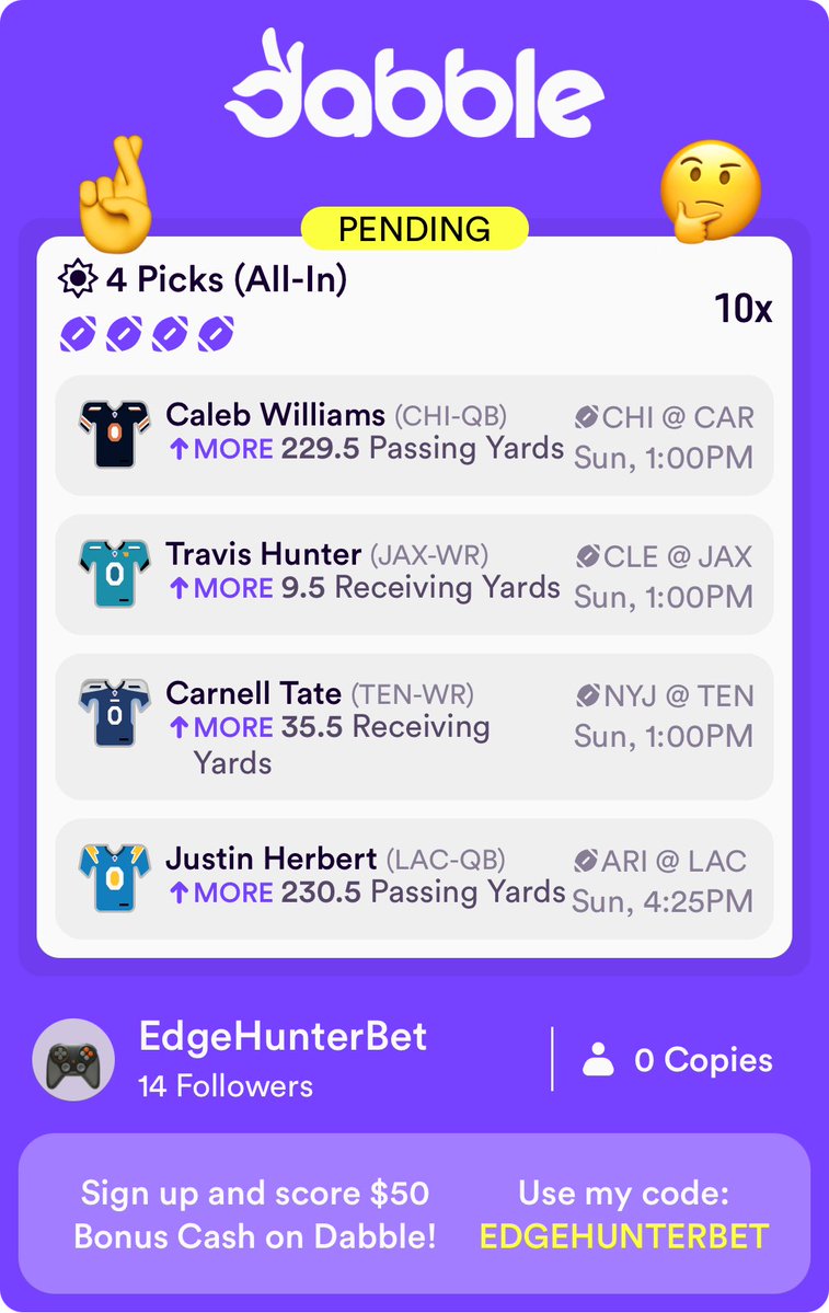 EdgeHunterBet's tweet photo. NFL week 1 10x on @DabbleFantasy use my code EDGEHUNTERBET to Sign up and Play $5 and get $50 free!! #NFL #Parlay https://t.co/24mcZO2FXk