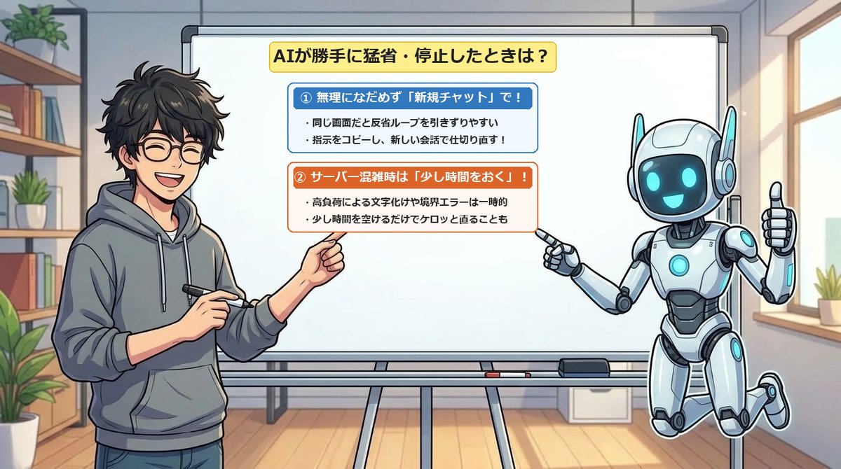tabane_lab's tweet photo. AIに「完璧！進めて」と短く返しただけなのに、突然謎の多言語暗号を呟いてフリーズし、一人大反省会を始めて作業が止まる珍事件に遭遇。

AIが反省ループに入った時は「怒ってないよ」となだめても抜け出せません。指示をコピーし、新規チャットで仕切り直すのが一番平和で確実です。 https://t.co/sIvaJU9CJS