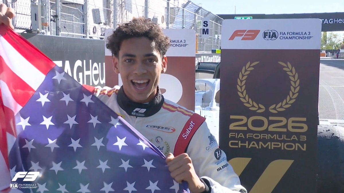 Formula3's tweet photo. THE FIRST AMERICAN #F3 CHAMPION! 👑🇺🇸

CONGRATULATIONS, UGOOO!! 🦅

#SpanishGP https://t.co/2kUJ9F4CJ8