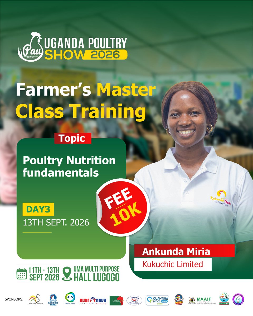 PAU_PoultryUG's tweet photo. The Farmer’s Master Class focuses on Poultry Nutrition Fundamentals, facilitated by Ankunda Miria of @kukuchicuganda 

Good nutrition = healthier birds, better productivity &amp; improved profits.

What’s your biggest poultry nutrition challenge? https://t.co/eEmW8kHA2E
