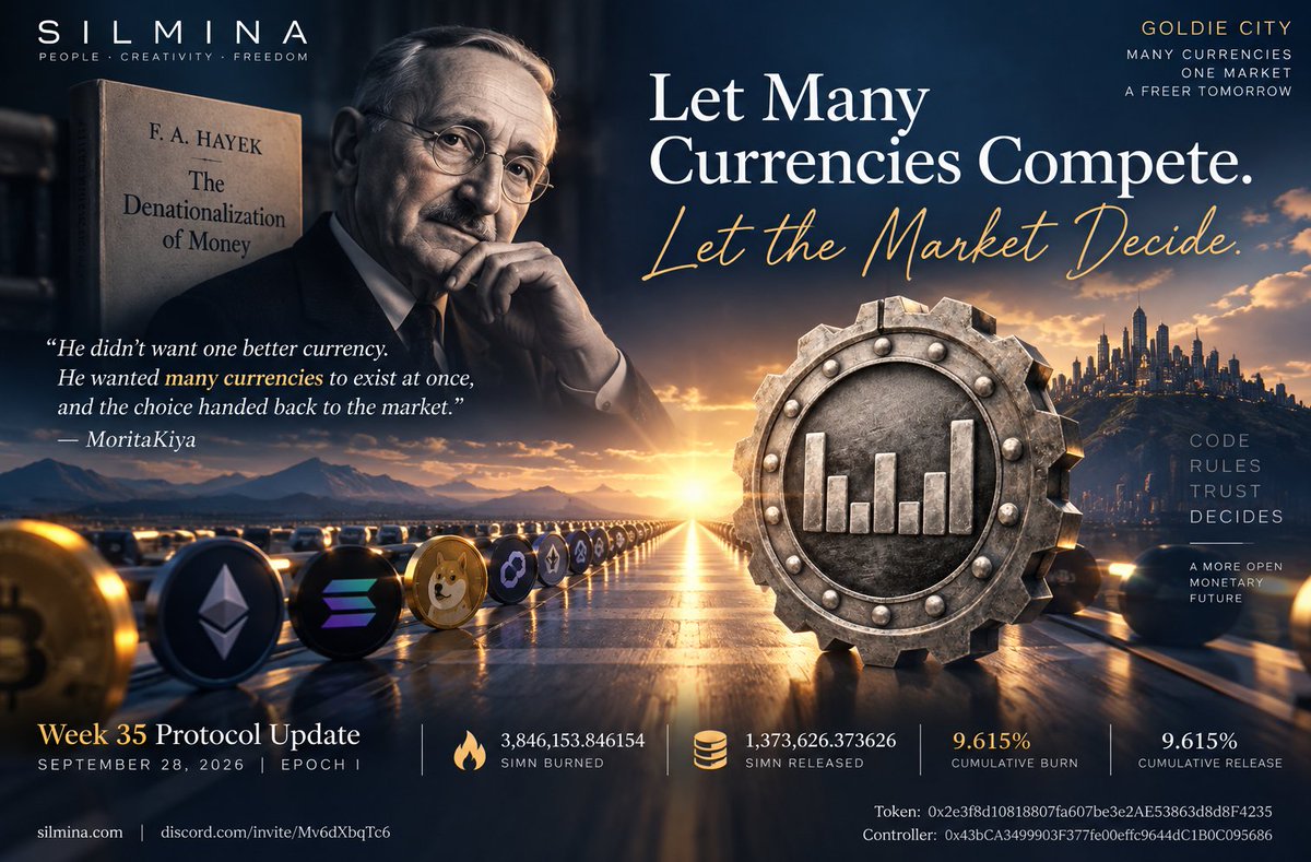 SilMina99's tweet photo. September 28, 2026 | Epoch I | Week 35
This week's protocol execution is complete.
In The Denationalization of Money, Hayek made an even more radical claim than most people remember: he didn't argue for one better currency to replace fiat. He argued there shouldn't be just one currency at all. Let many currencies exist side by side, compete freely, and let the market weed out the ones nobody trusts — no authority needed to decide who survives.

When he wrote that, it was a thought experiment. No country would allow the issuance of money to be pulled apart like that. Today's crypto market, whether anyone recognizes it or not, is that experiment actually running — thousands of tokens existing at once, none of them approved, none of them banned, with the market doing the sorting itself.

SIMN is one of those thousands. It isn't here to prove it's the better one. It's here to submit a verifiable execution record and let the market decide — not to talk anyone into believing it.

This Week's Data

Burned: 3,846,153.846154 SIMN → burn address

Released: 1,373,626.373626 SIMN (A/C3+A/C4 combined)
Cumulative burn: 134,615,384.62 SIMN (9.615% of the 1.4B burn pool)
Cumulative release: 48,076,923.08 SIMN (9.615% of the 500M release pool)
"He didn't want one better currency. He wanted many currencies to exist at once, and the choice handed back to the market."
—MoritaKiya
The competition Hayek wanted only works if no currency can cheat while it's still in the race — if nothing can compete on one set of rules while quietly rewriting them. That's something code can do that language never could. Week 35, SIMN is just one entrant among many, running one more lap on rules that were fixed before the race began.

Token: 0x2e3f8d10818807fa607be3e2AE53863d8d8F4235
Controller: 0x43bCA3499903F377fe00effc9644dC1B0C095686
https://t.co/Jqm4E9Nydy | https://t.co/Jffz9rofHi
#142857Protocol #SilMina #MoritaKiya #EpochI #GoldieCity #Hayek