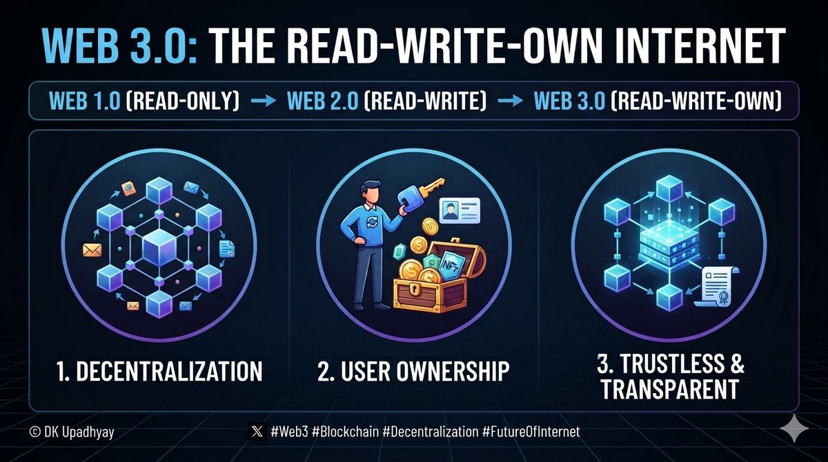 Dharmendra87350's tweet photo. What is WEB 3 ?
Web3, is a proposed next phase of the internet built on blockchain technology that, users keep ownership of their personal data, digital assets, and online identity through tokens and networks. 
#WEB3 #Internet #Technology https://t.co/7plV4UCUYo