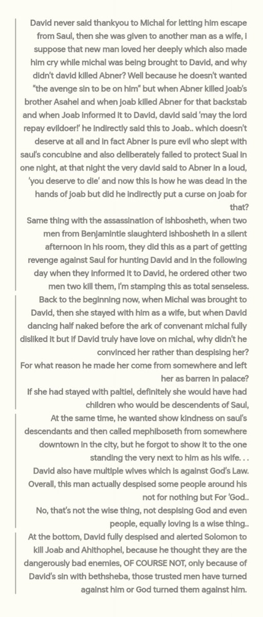 Trust155067's tweet photo. These negatives in David i found while I'm flipping pages in the Bible frantically in recent days.. david is no more my model, from now on only Christ,moses,Elijah and Daniel.

By the way, these men have informed david what they did but that man never said what he did with beth. https://t.co/hQzjs9N0mi