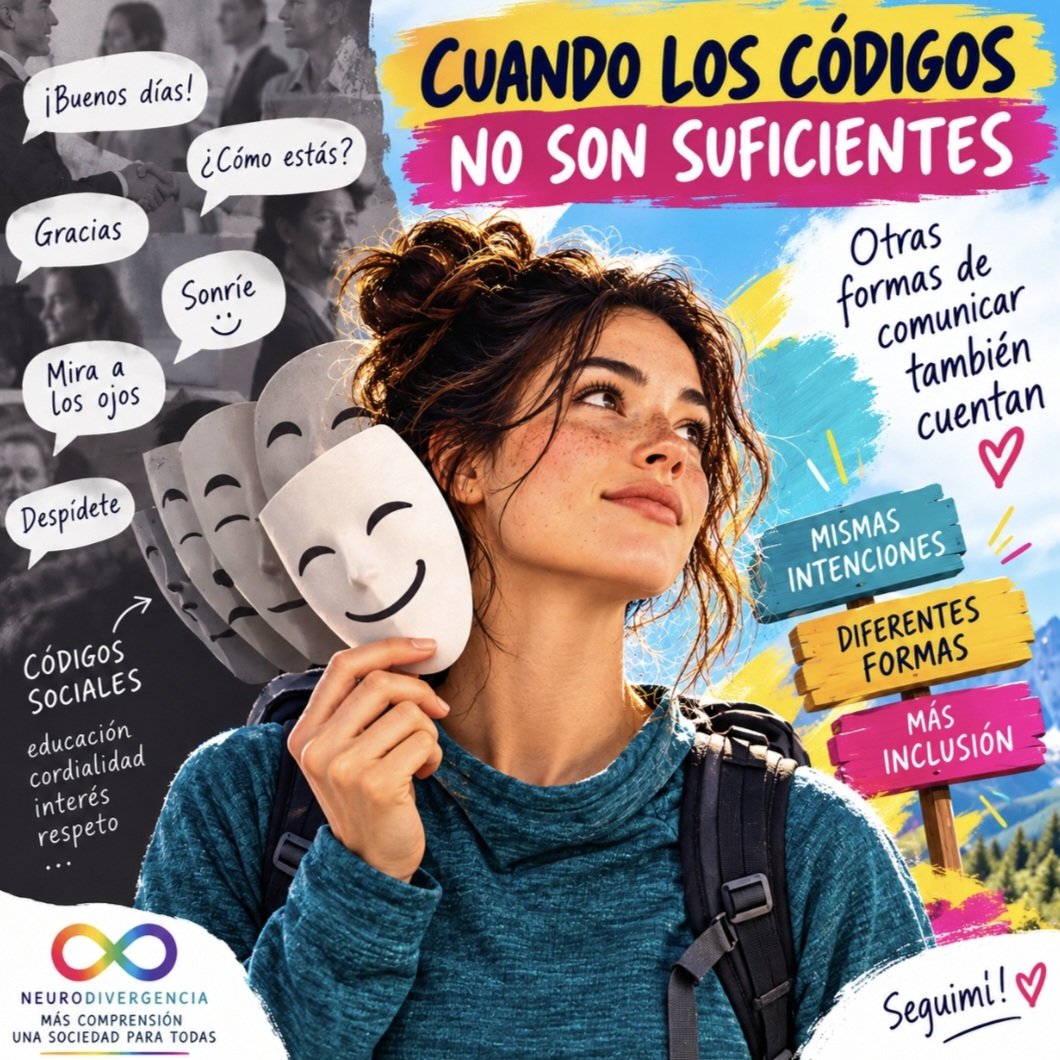 AutistaMujerAC's tweet photo. CUANDO LOS CÓDIGOS NO SON SUFICIENTES

«Buenos días», «gracias», «¿cómo estás?», permiten comunicar socialmente cordialidad, reconocimiento o respeto. 

Pero la inclusión también es aprender a reconocer otras formas de expresar lo que esos códigos representan.

Seguim!! 💜🫂♾️ https://t.co/REGvW7UUNH
